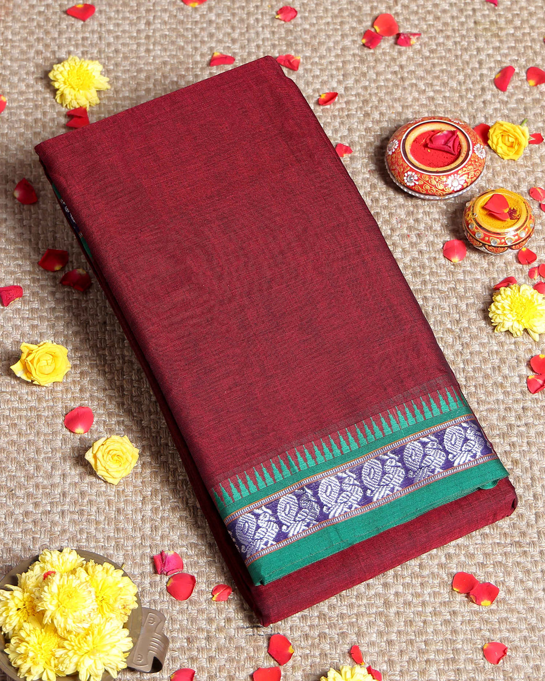 Traditional Handloom Narayanpet Cotton Saree with Traditional Temple Border and Intricate Weave - Maroon