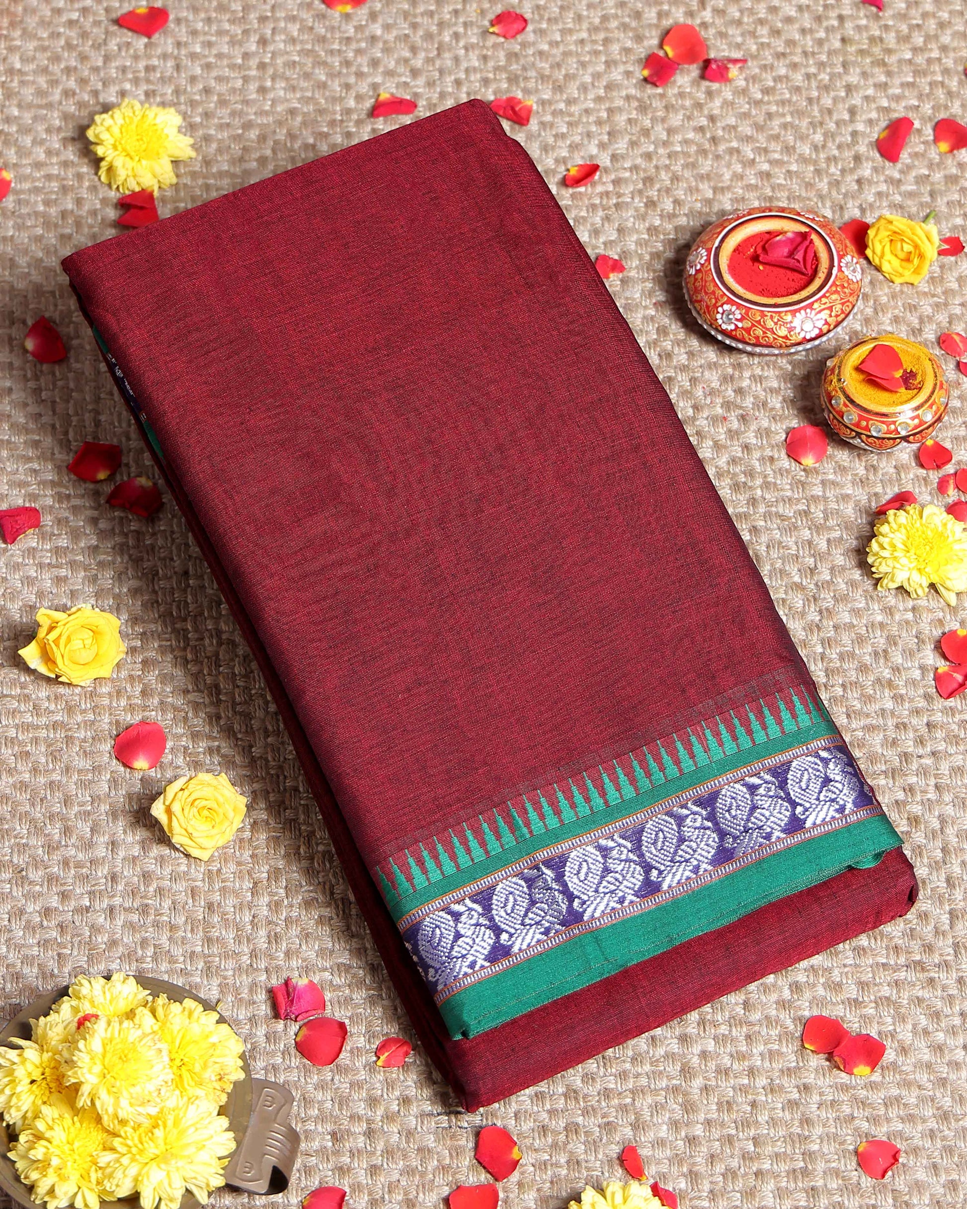 Traditional Handloom Narayanpet Cotton Saree with Traditional Temple Border and Intricate Weave - Maroon