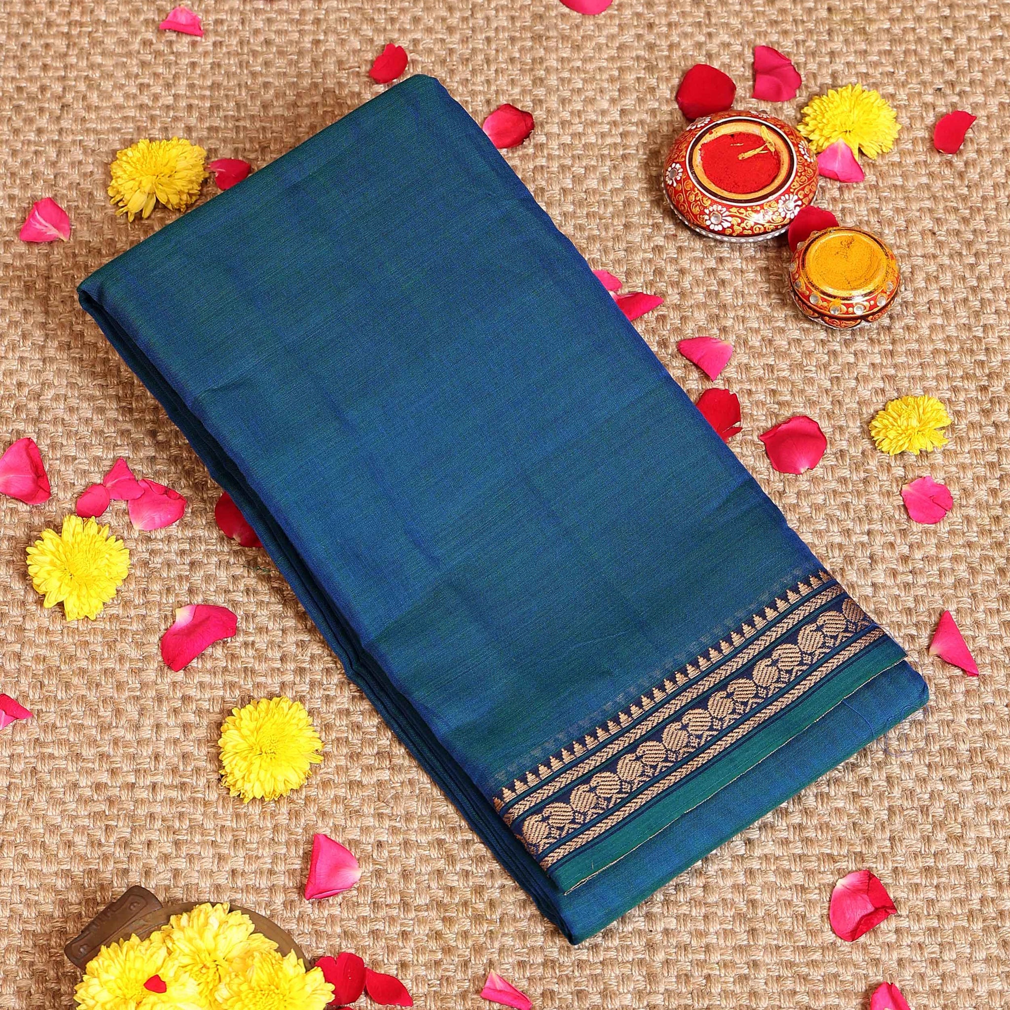 Traditional Handloom Narayanpet Cotton Saree with Traditional Woven Temple Border - Teal