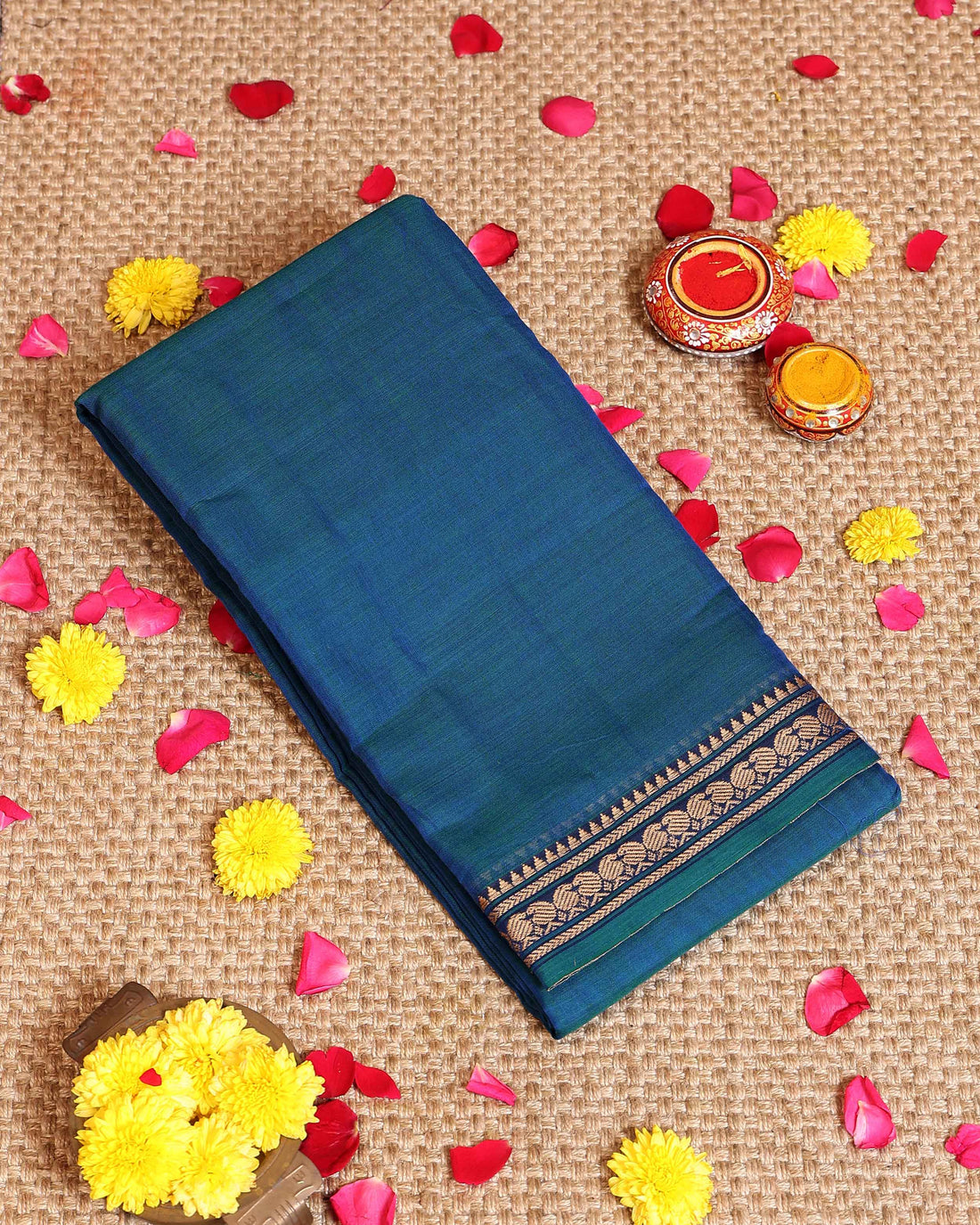Traditional Handloom Narayanpet Cotton Saree with Traditional Woven Temple Border - Teal