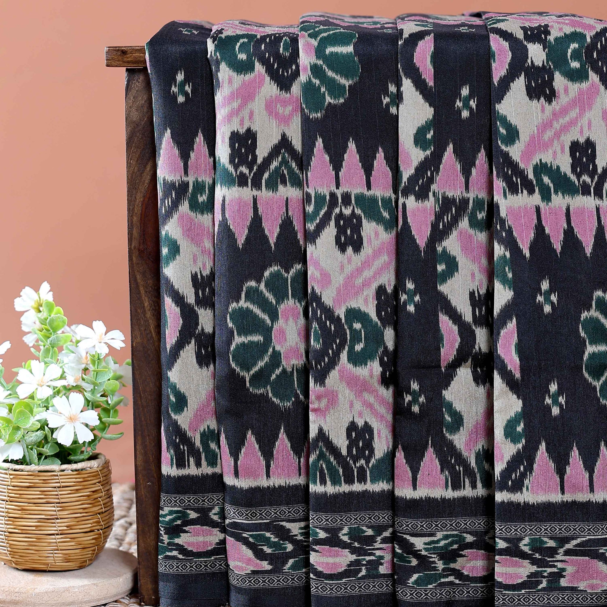Traditional Handloom Pochampally Ikkat Saree with Geometric and Floral Motifs - Multi