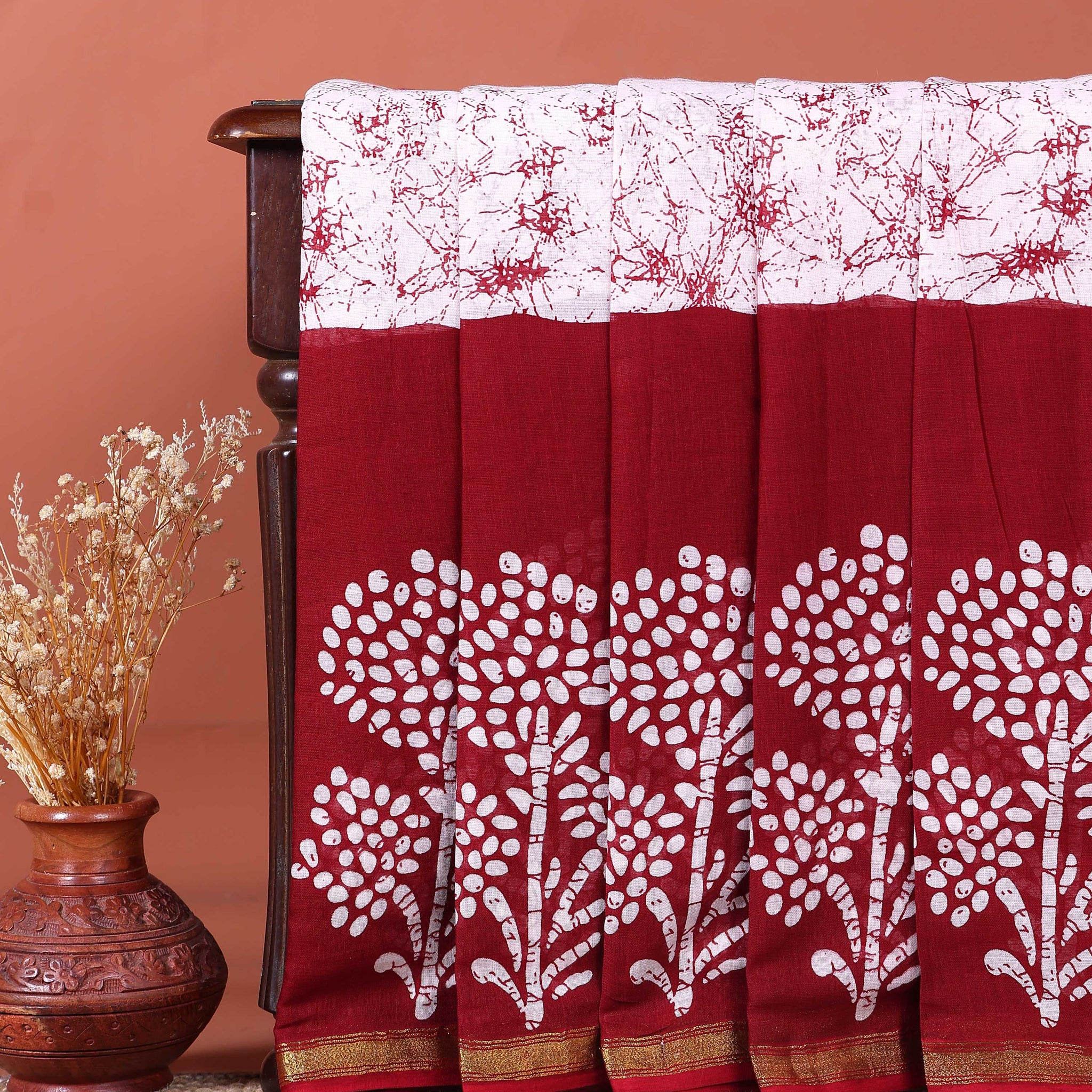 Traditional Handloom Saree with All-Over Batik Prints - White
