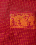 Traditional Handloom Sungudi Cotton Saree Checks and Elegant Zari Peacock Motif Border - Maroon