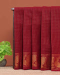 Traditional Handloom Sungudi Cotton Saree Checks and Elegant Zari Peacock Motif Border - Maroon
