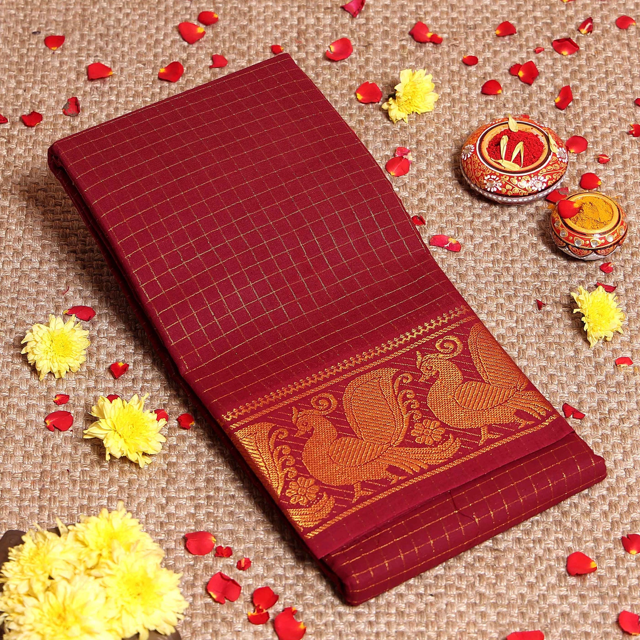 Traditional Handloom Sungudi Cotton Saree Checks and Elegant Zari Peacock Motif Border - Maroon