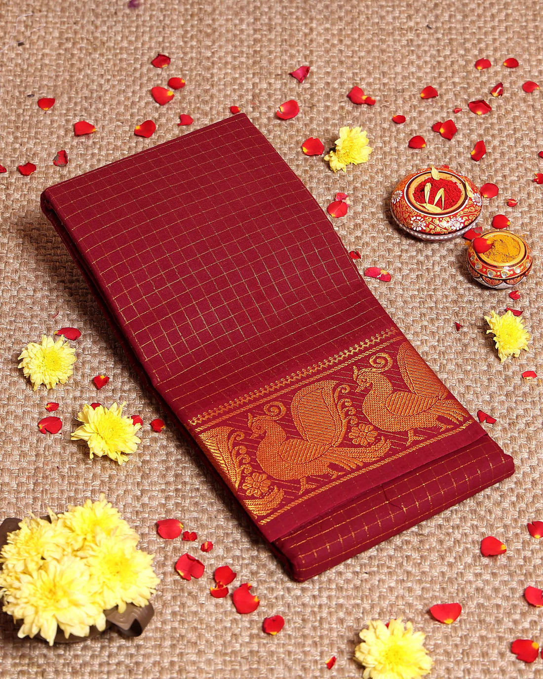 Traditional Handloom Sungudi Cotton Saree Checks and Elegant Zari Peacock Motif Border - Maroon