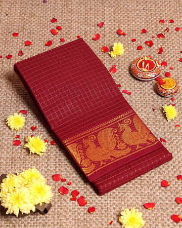 Traditional Handloom Sungudi Cotton Saree Checks and Elegant Zari Peacock Motif Border - Maroon