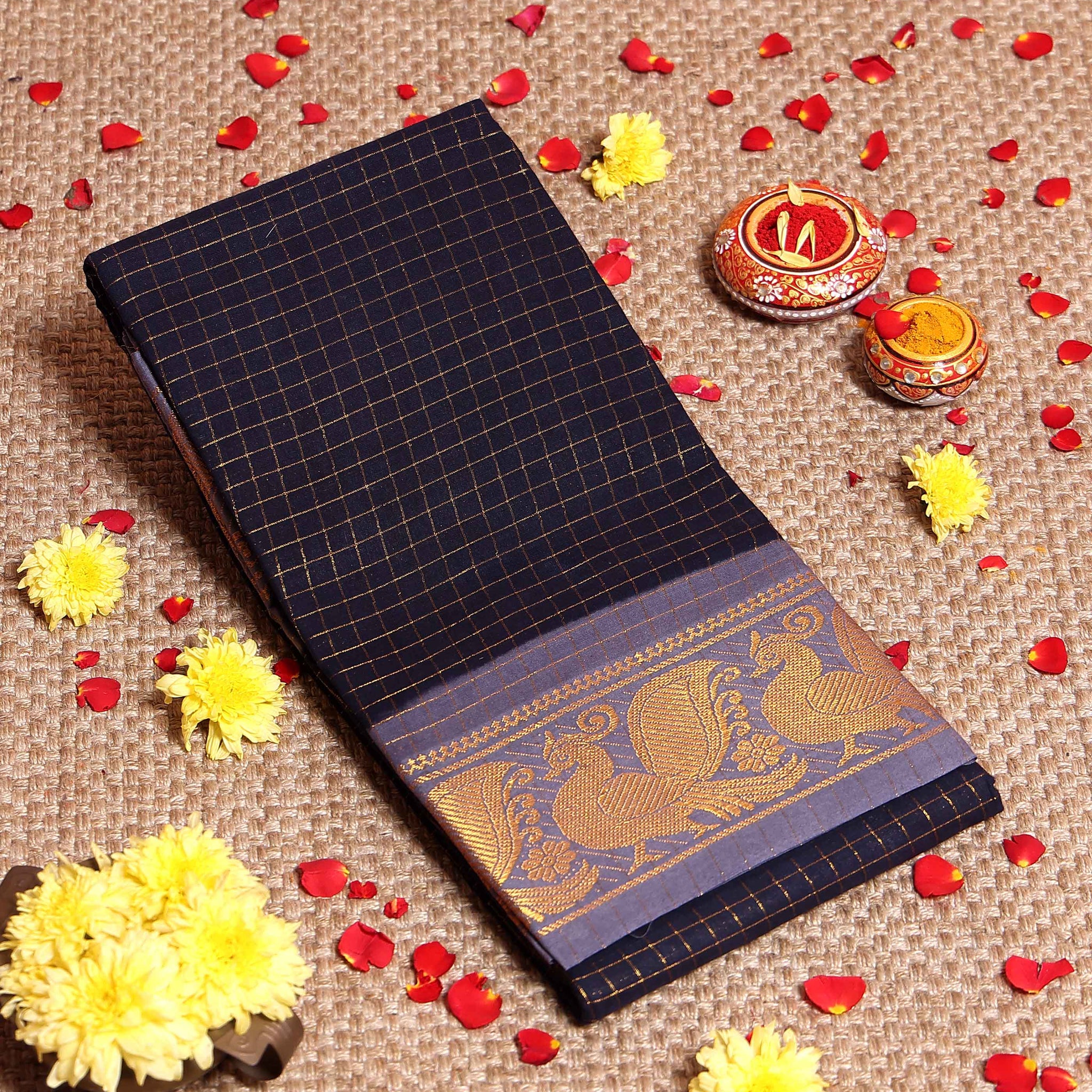 Traditional Handloom Sungudi Cotton Saree Checks and Elegant Zari Peacock Motif Border - Navy Blue