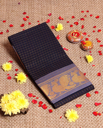 Traditional Handloom Sungudi Cotton Saree Checks and Elegant Zari Peacock Motif Border - Navy Blue
