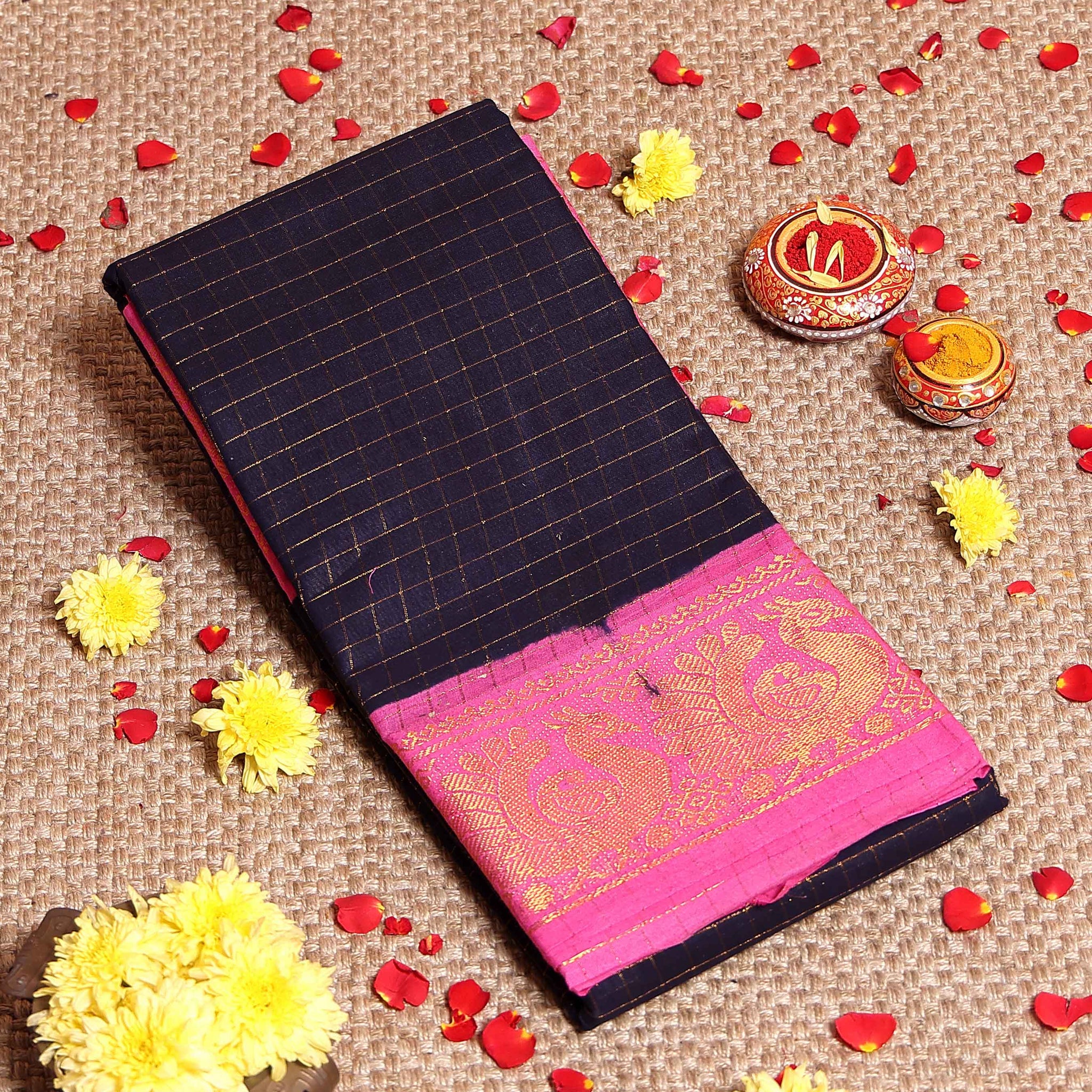 Traditional Handloom Sungudi Cotton Saree Checks and Elegant Zari Peacock Motif Border - Navy Blue -one