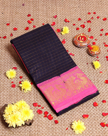 Traditional Handloom Sungudi Cotton Saree Checks and Elegant Zari Peacock Motif Border - Navy Blue -one
