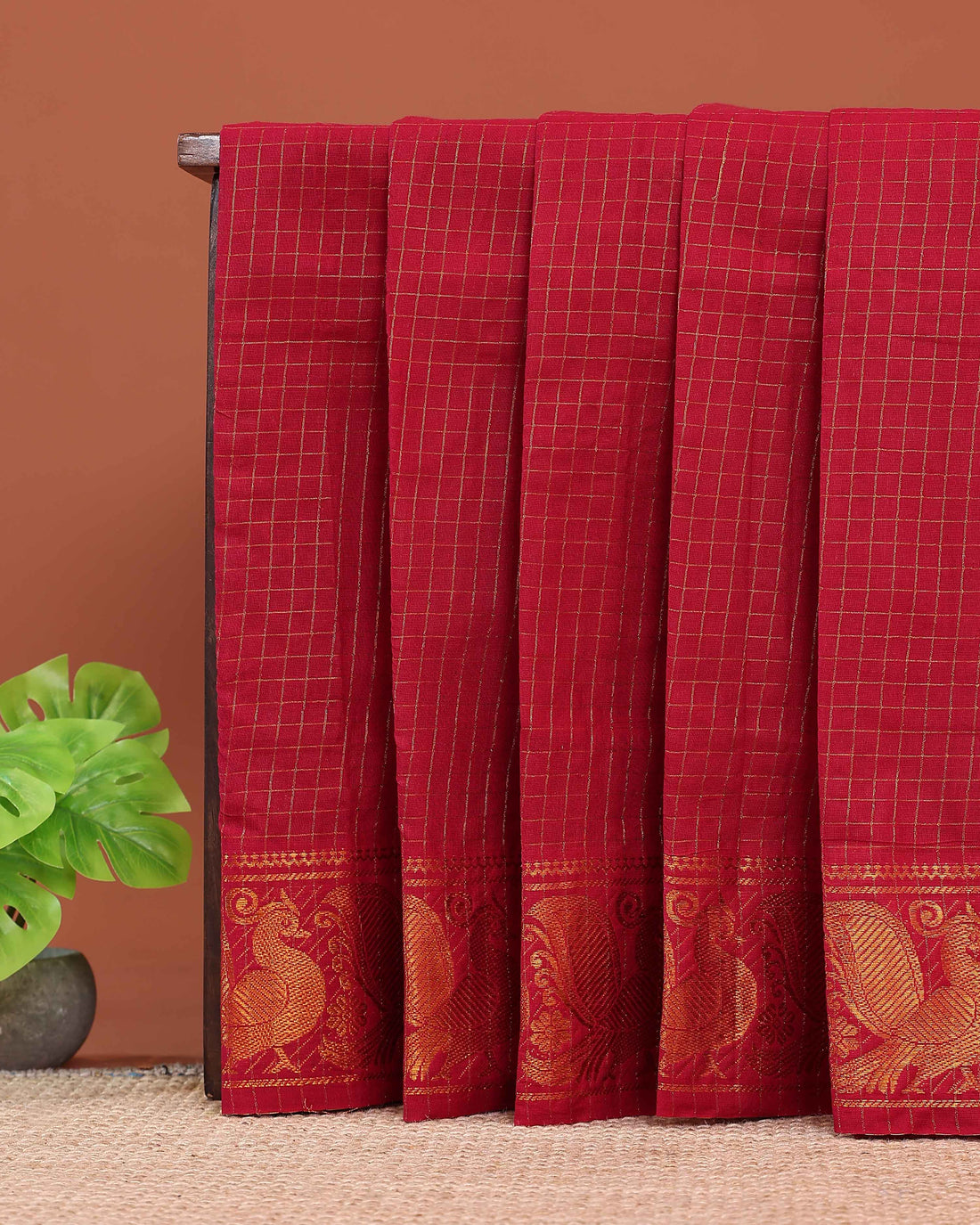 Traditional Handloom Sungudi Cotton Saree Checks and Elegant Zari Peacock Motif Border - Red