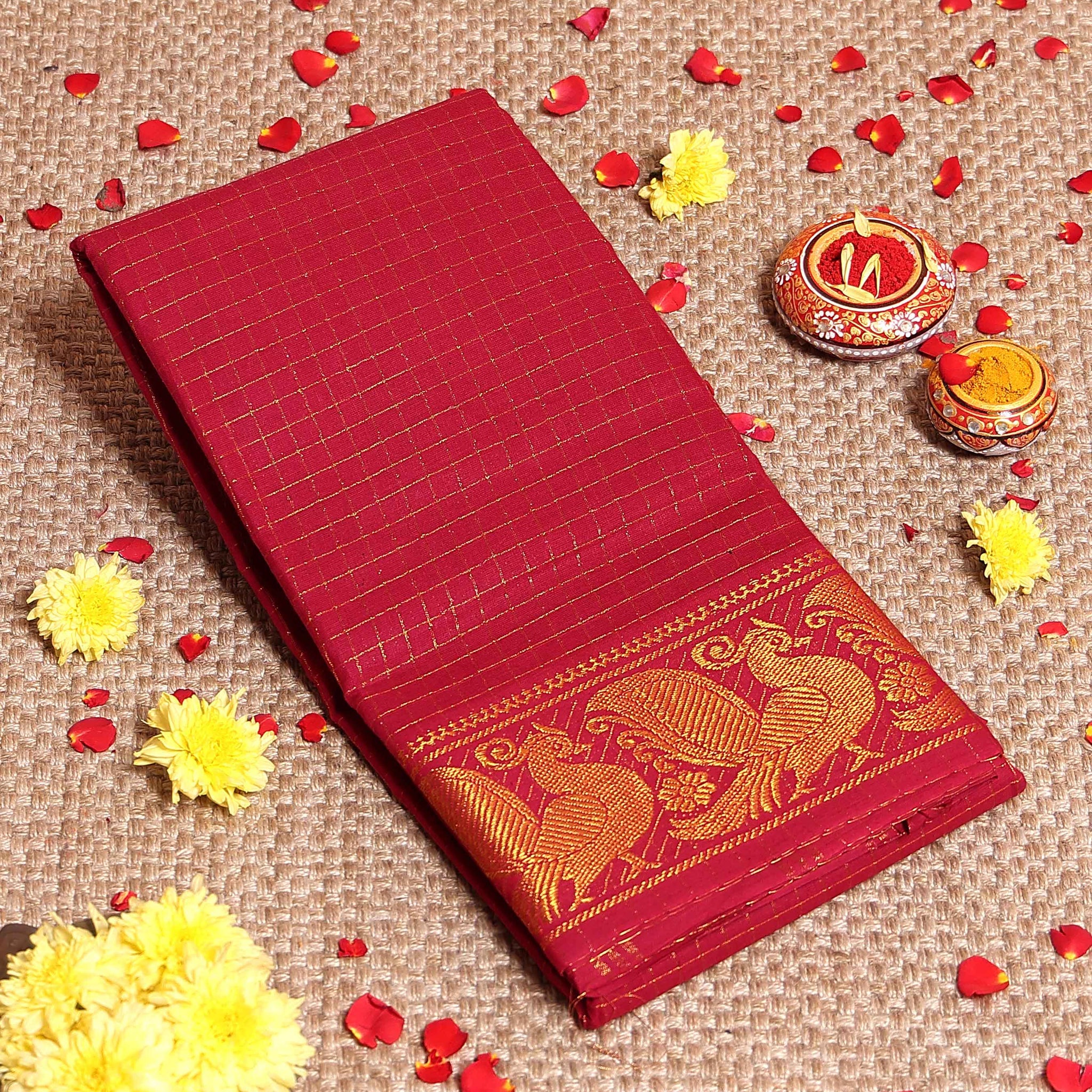Traditional Handloom Sungudi Cotton Saree Checks and Elegant Zari Peacock Motif Border - Red