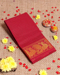 Traditional Handloom Sungudi Cotton Saree Checks and Elegant Zari Peacock Motif Border - Red