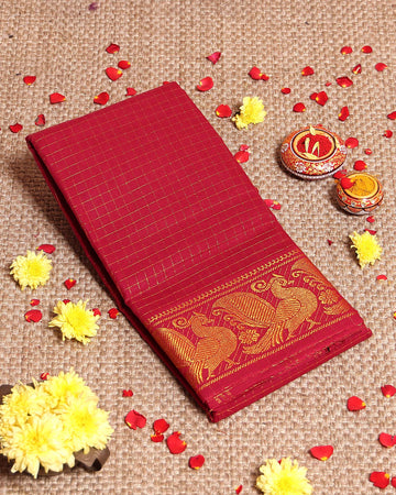 Traditional Handloom Sungudi Cotton Saree Checks and Elegant Zari Peacock Motif Border - Red