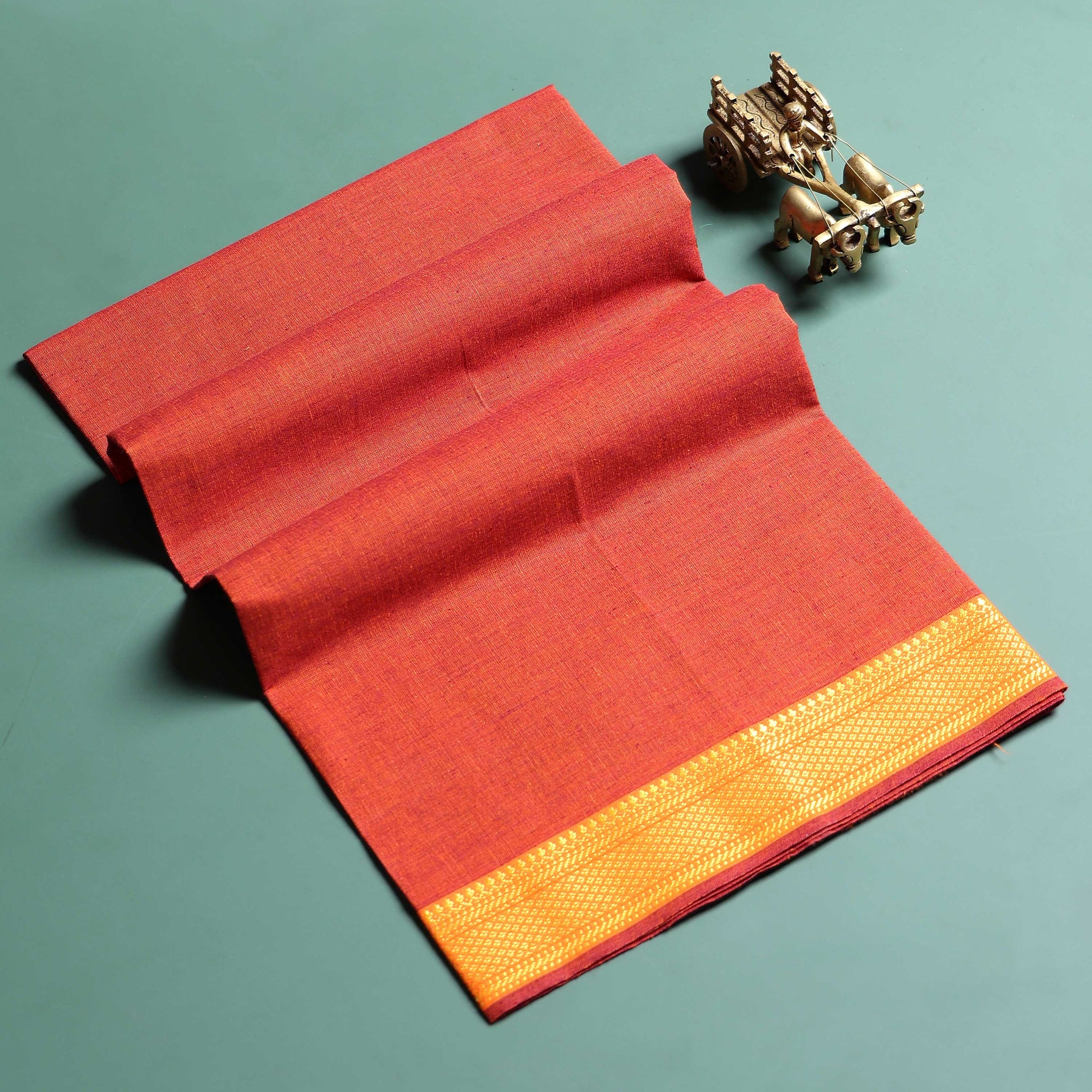 Traditional Handloom Women Cotton 1 Meter Blouse Material with Gold Zari Edge - Light Red