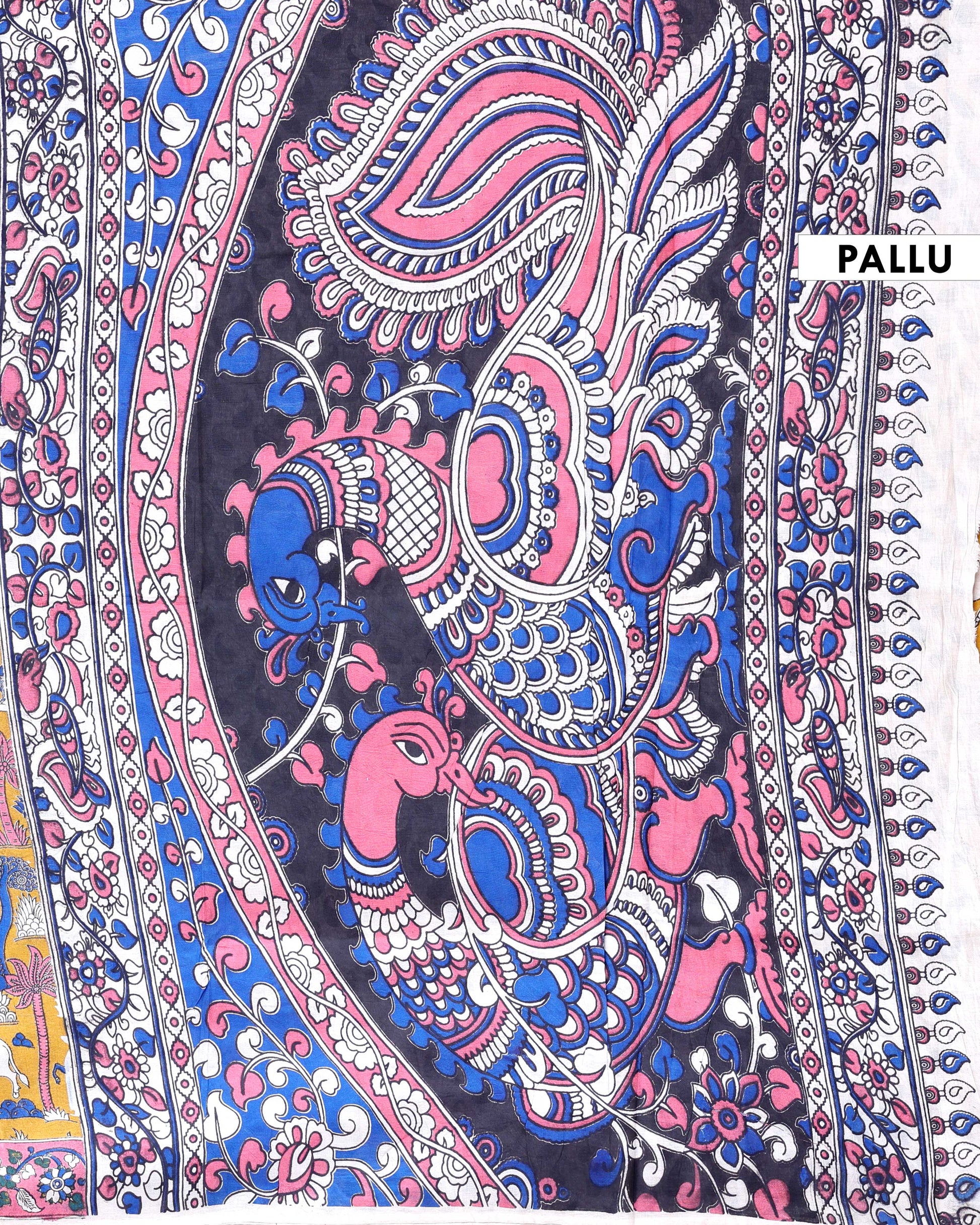 Traditional Handpainted Kalamkari Cotton Saree with Traditional Motifs - Pallu