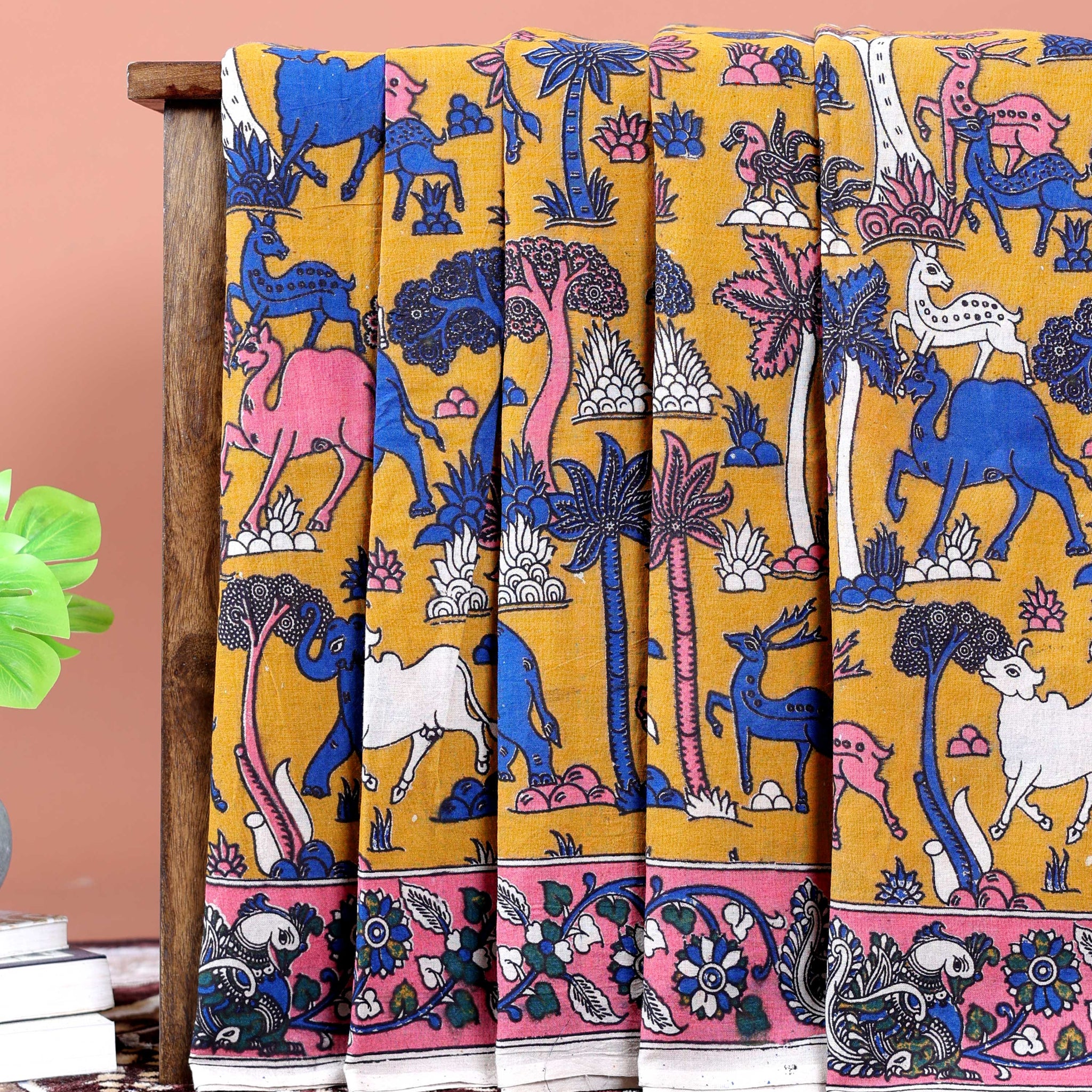 Traditional Handpainted Kalamkari Cotton Saree with Traditional Motifs - Yellow