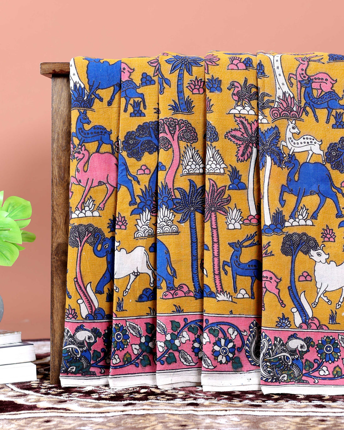 Traditional Handpainted Kalamkari Cotton Saree with Traditional Motifs - Yellow