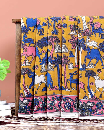 Traditional Handpainted Kalamkari Cotton Saree with Traditional Motifs - Yellow