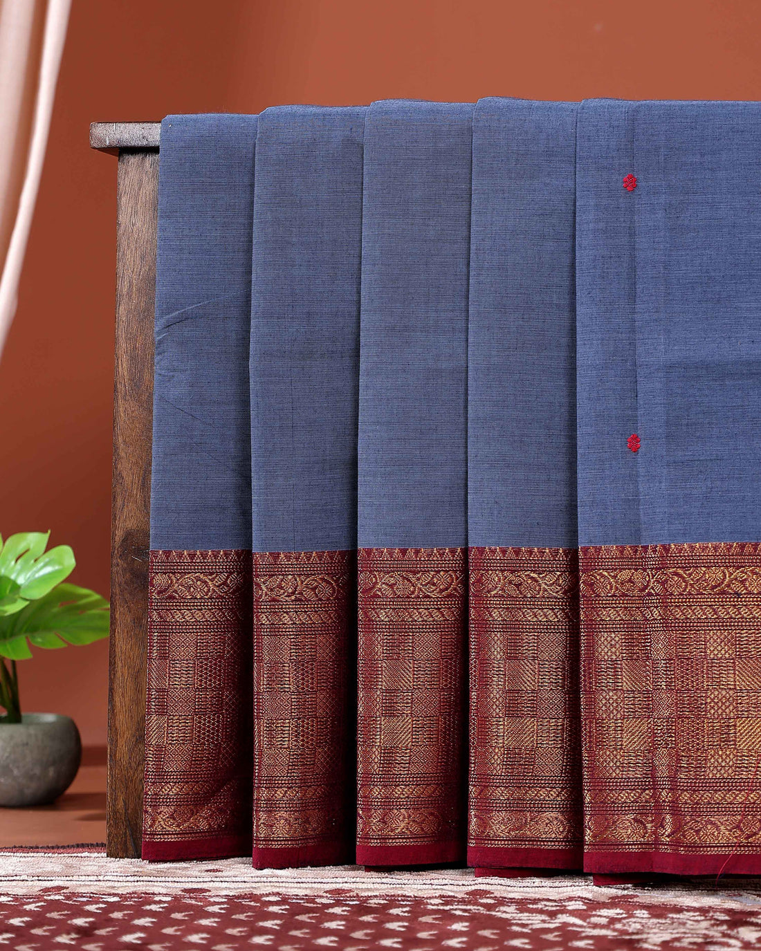 Traditional Handwoven Chettinad Cotton Saree with All Over Checks Ornate Zari Border Detailing - Blue