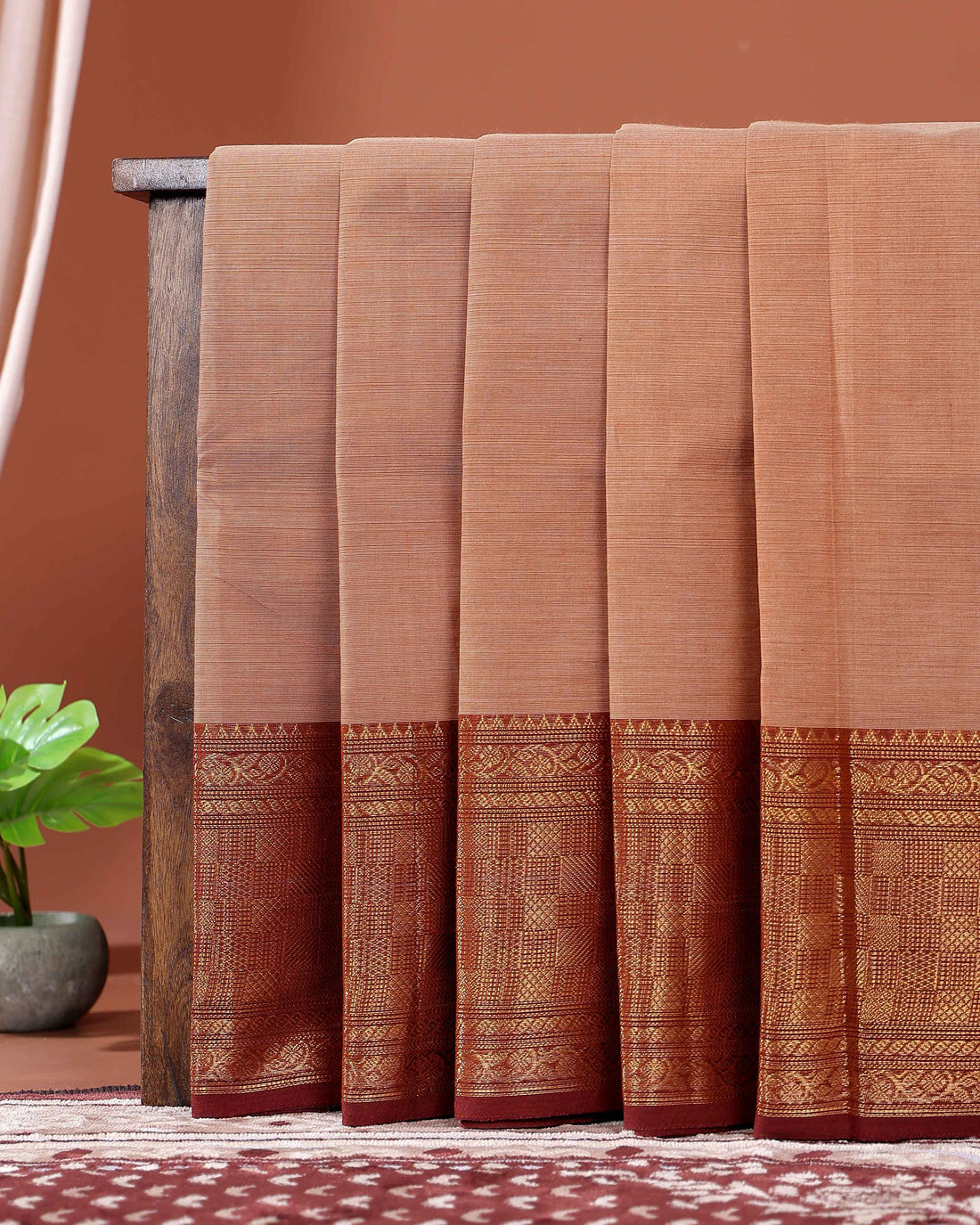 Traditional Handwoven Chettinad Cotton Saree with All Over Checks Ornate Zari Border Detailing - Brown