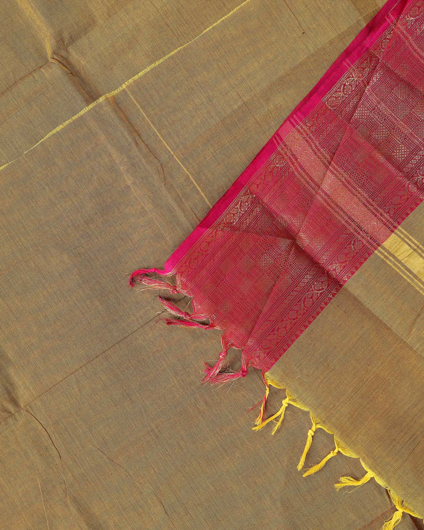 Traditional Handwoven Chettinad Cotton Saree with All Over Checks Ornate Zari Border Detailing - Olive Green