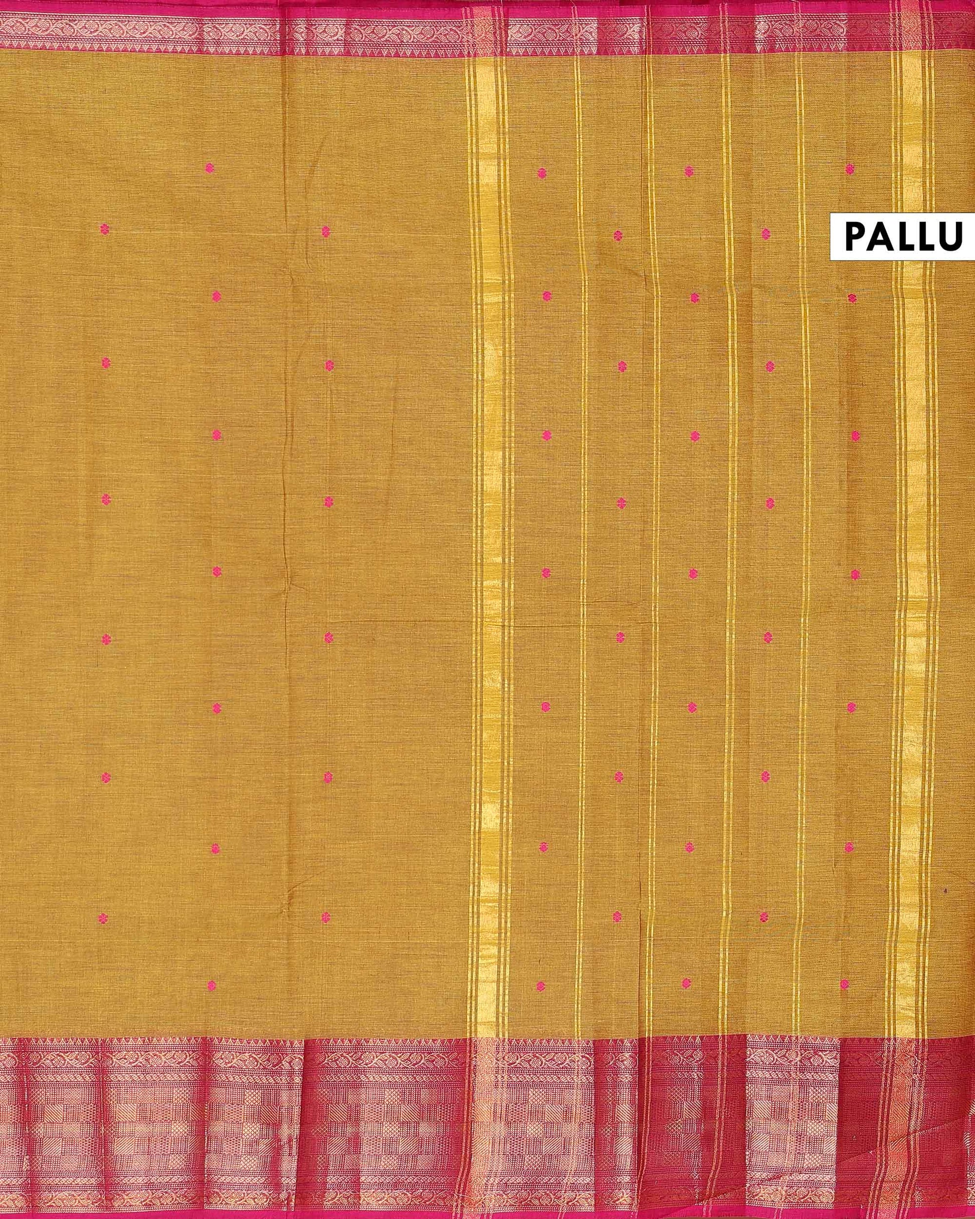Traditional Handwoven Chettinad Cotton Saree with All Over Checks Ornate Zari Border Detailing - Olive Green