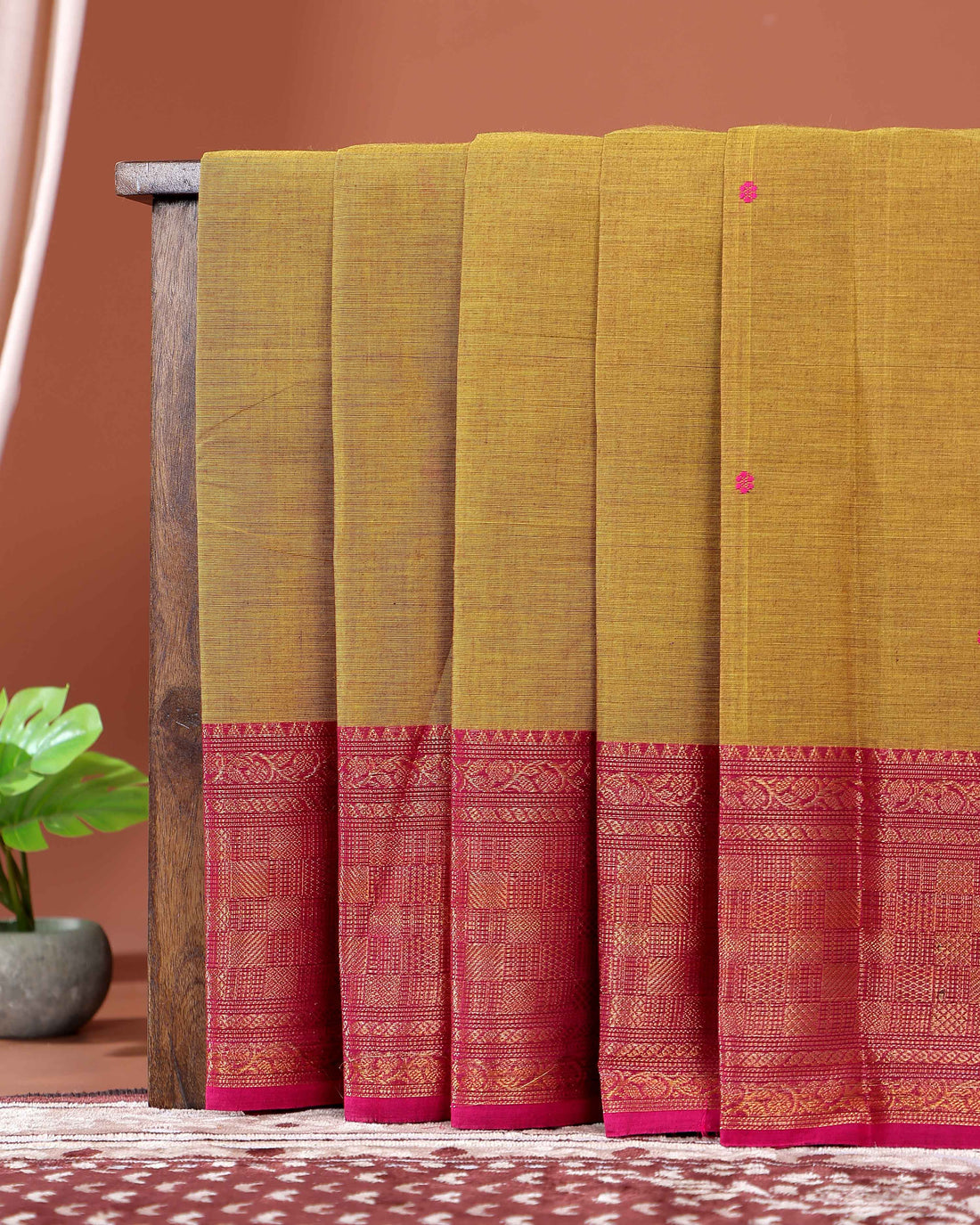 Traditional Handwoven Chettinad Cotton Saree with All Over Checks Ornate Zari Border Detailing - Olive Green