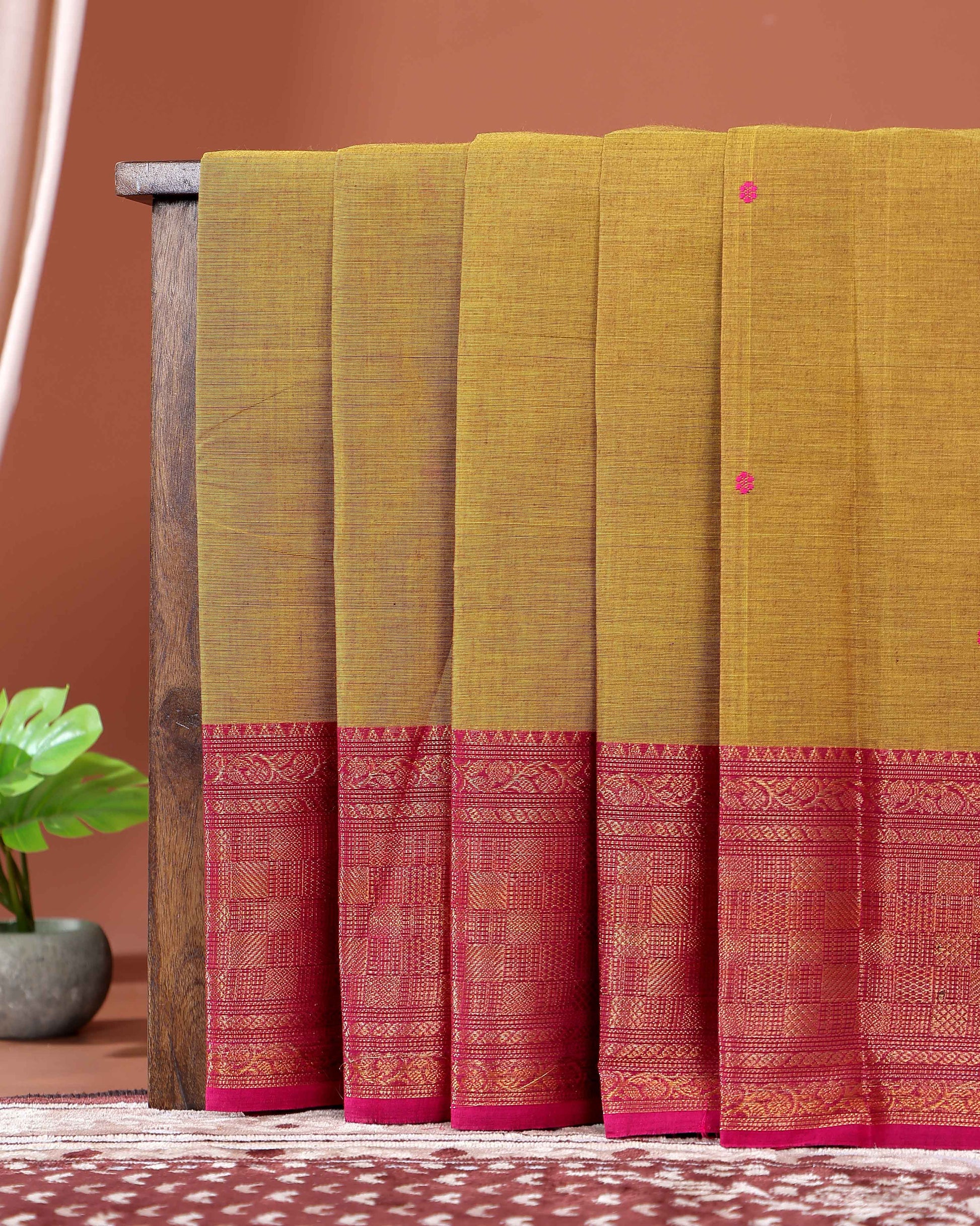 Traditional Handwoven Chettinad Cotton Saree with All Over Checks Ornate Zari Border Detailing - Olive Green