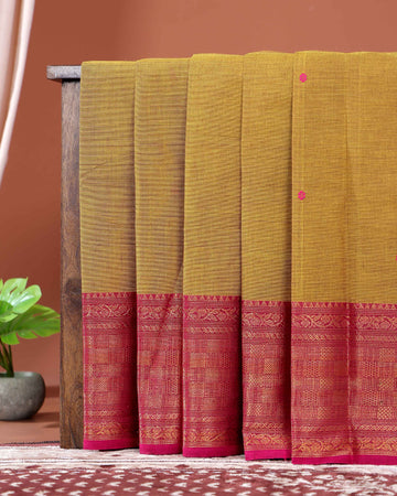 Traditional Handwoven Chettinad Cotton Saree with All Over Checks Ornate Zari Border Detailing - Olive Green