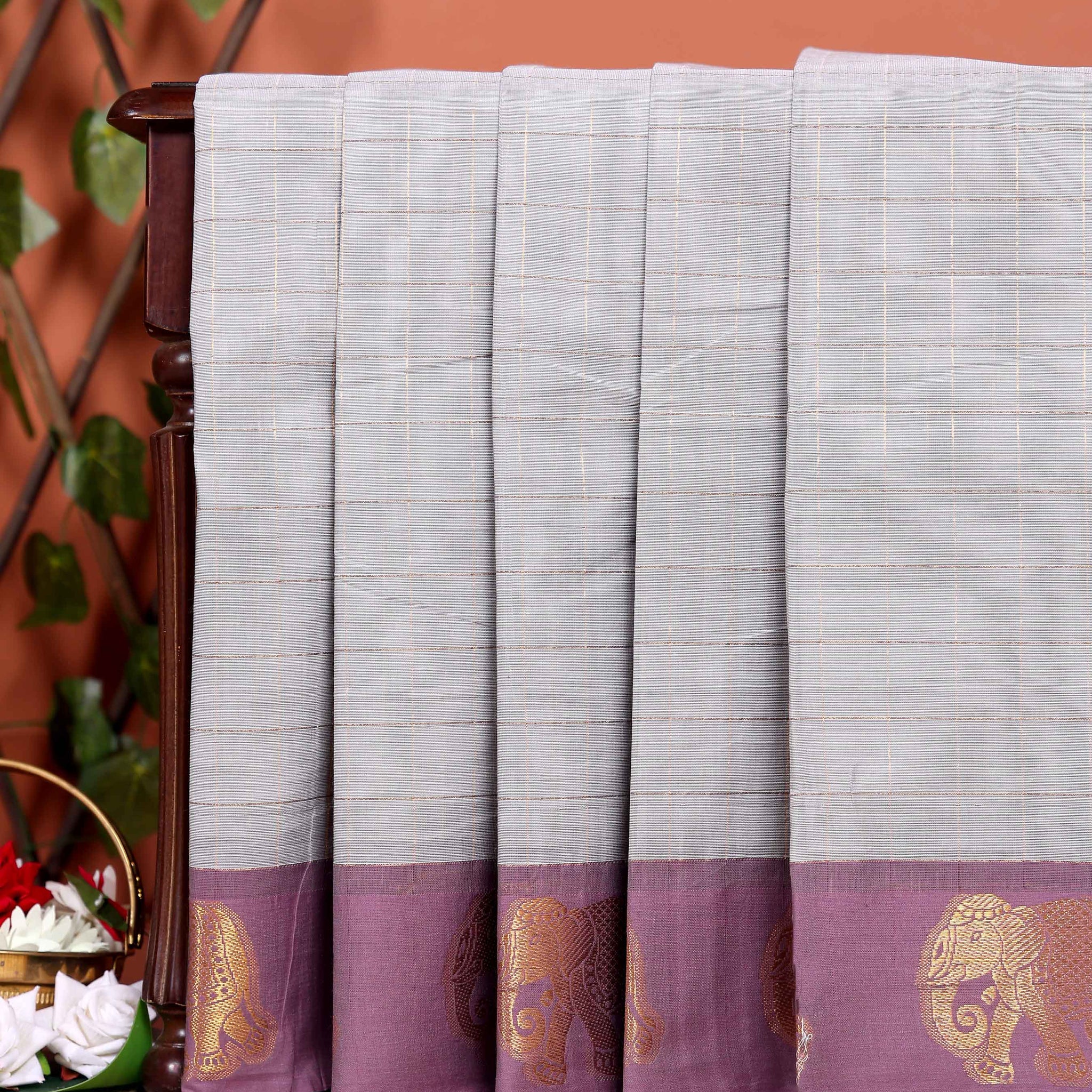 Traditional Handwoven Chettinad Cotton Saree with Traditional Elephant Motif Border - Grey