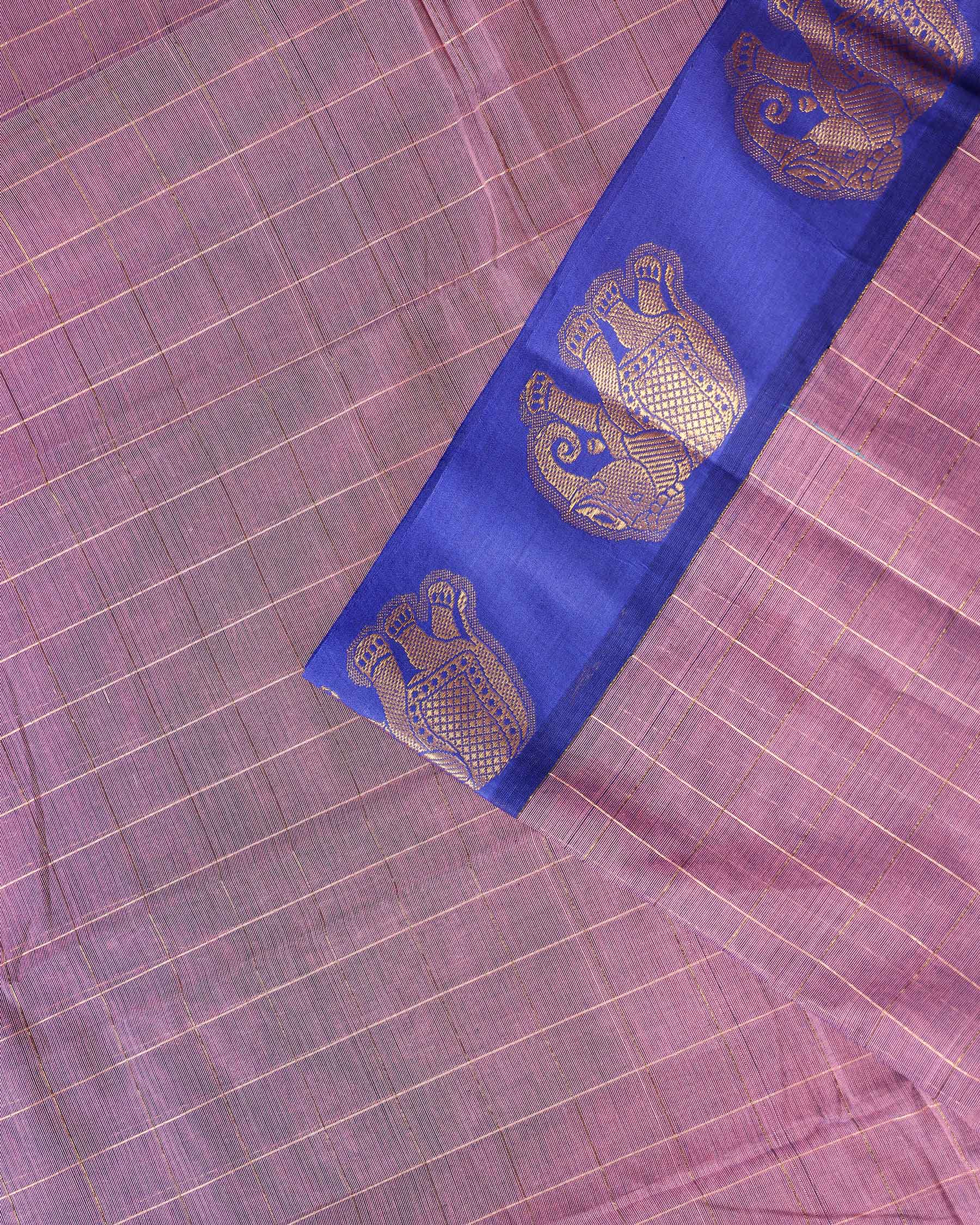 Traditional Handwoven Chettinad Cotton Saree with Traditional Elephant Motif Border - Onion Pink-close