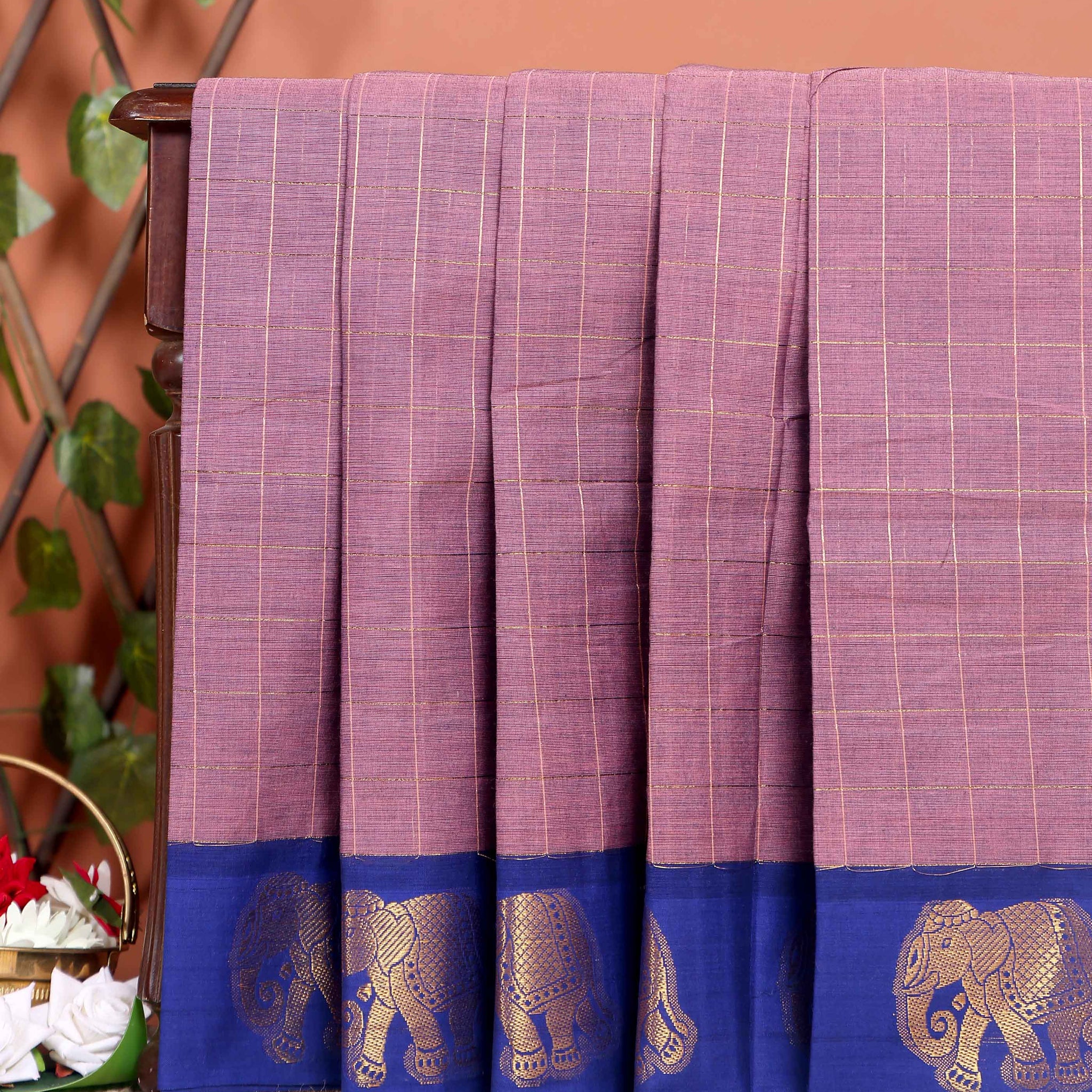 Traditional Handwoven Chettinad Cotton Saree with Traditional Elephant Motif Border - Onion Pink