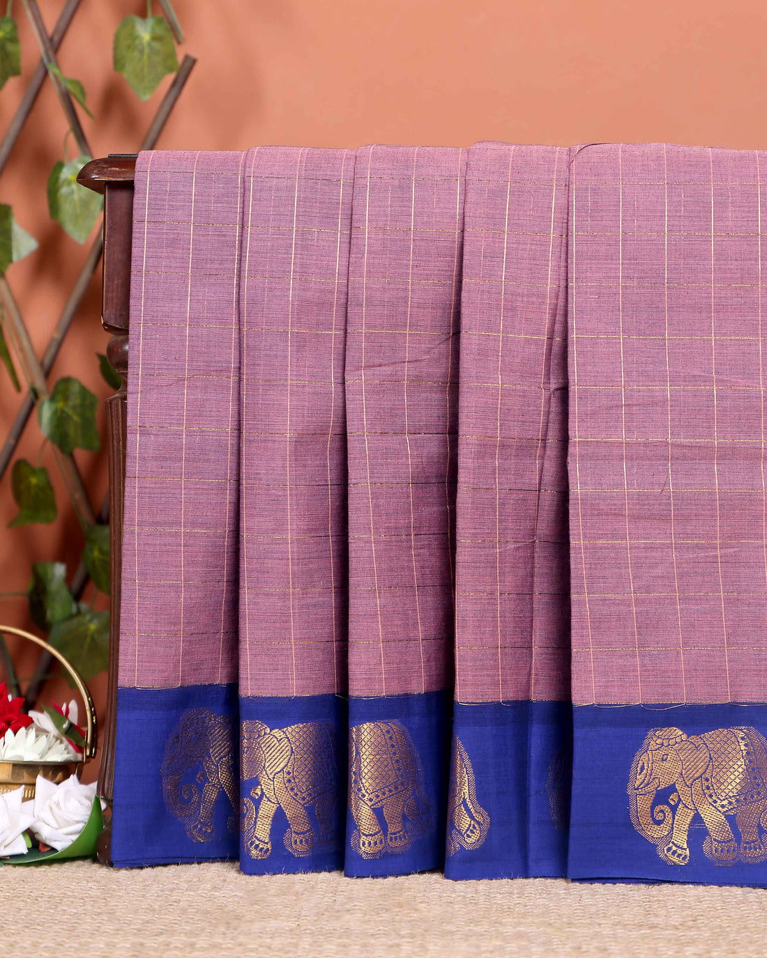 Traditional Handwoven Chettinad Cotton Saree with Traditional Elephant Motif Border - Onion Pink