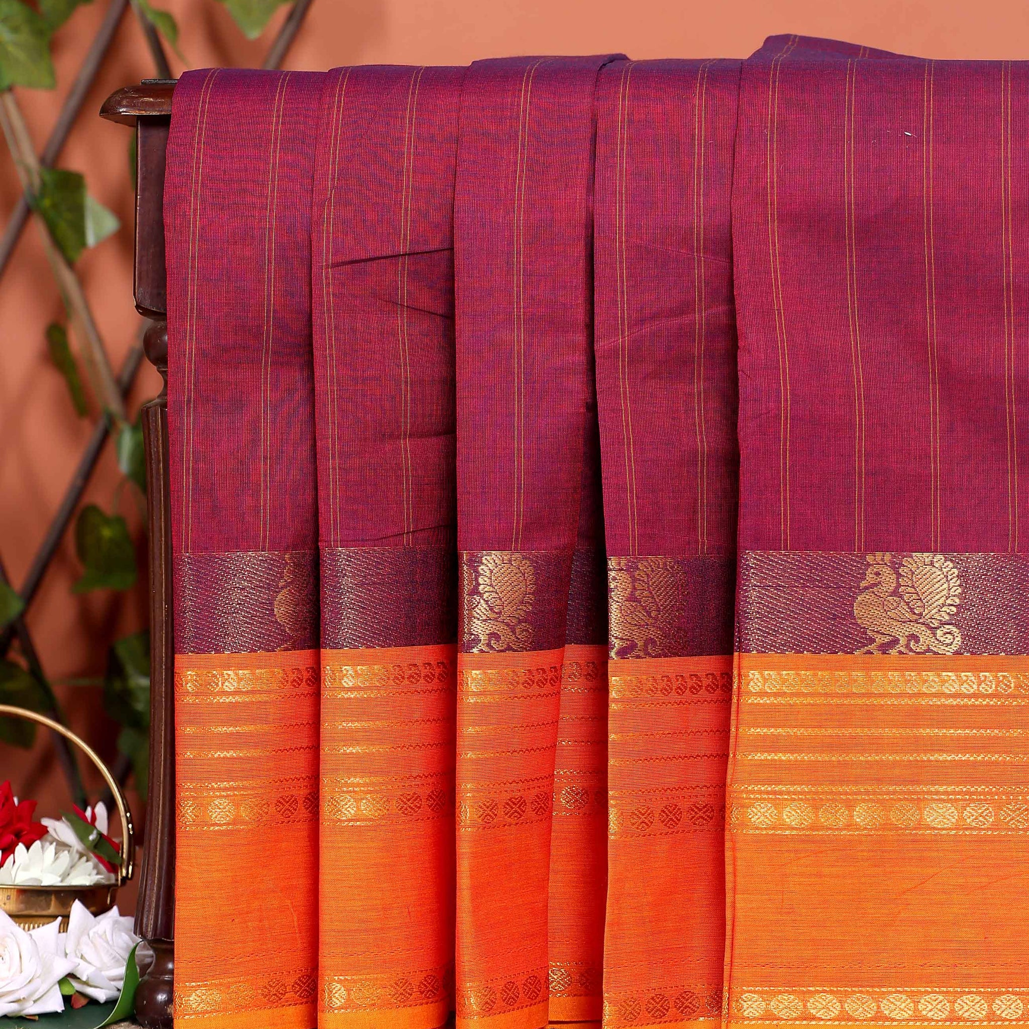 Traditional Handwoven Chettinad Cotton Saree with Traditional Zari Border - Maroon