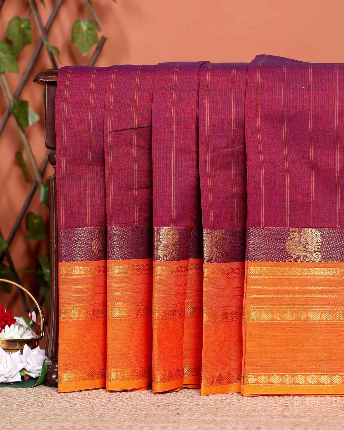 Traditional Handwoven Chettinad Cotton Saree with Traditional Zari Border - Maroon