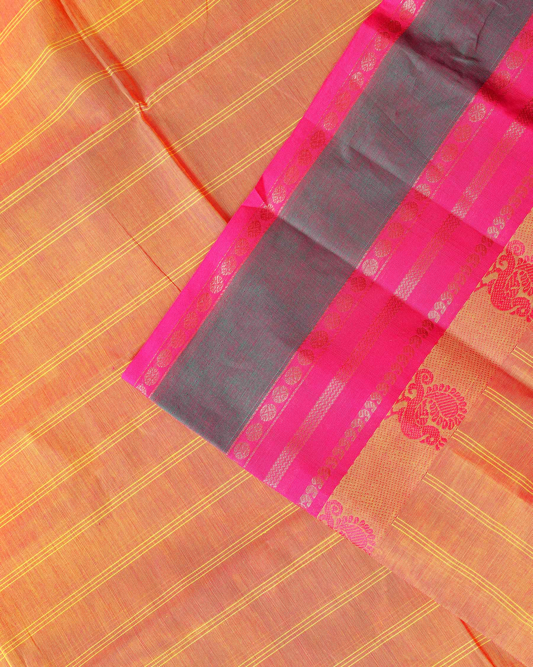 Traditional Handwoven Chettinad Cotton Saree with Traditional Zari Border - Sandal