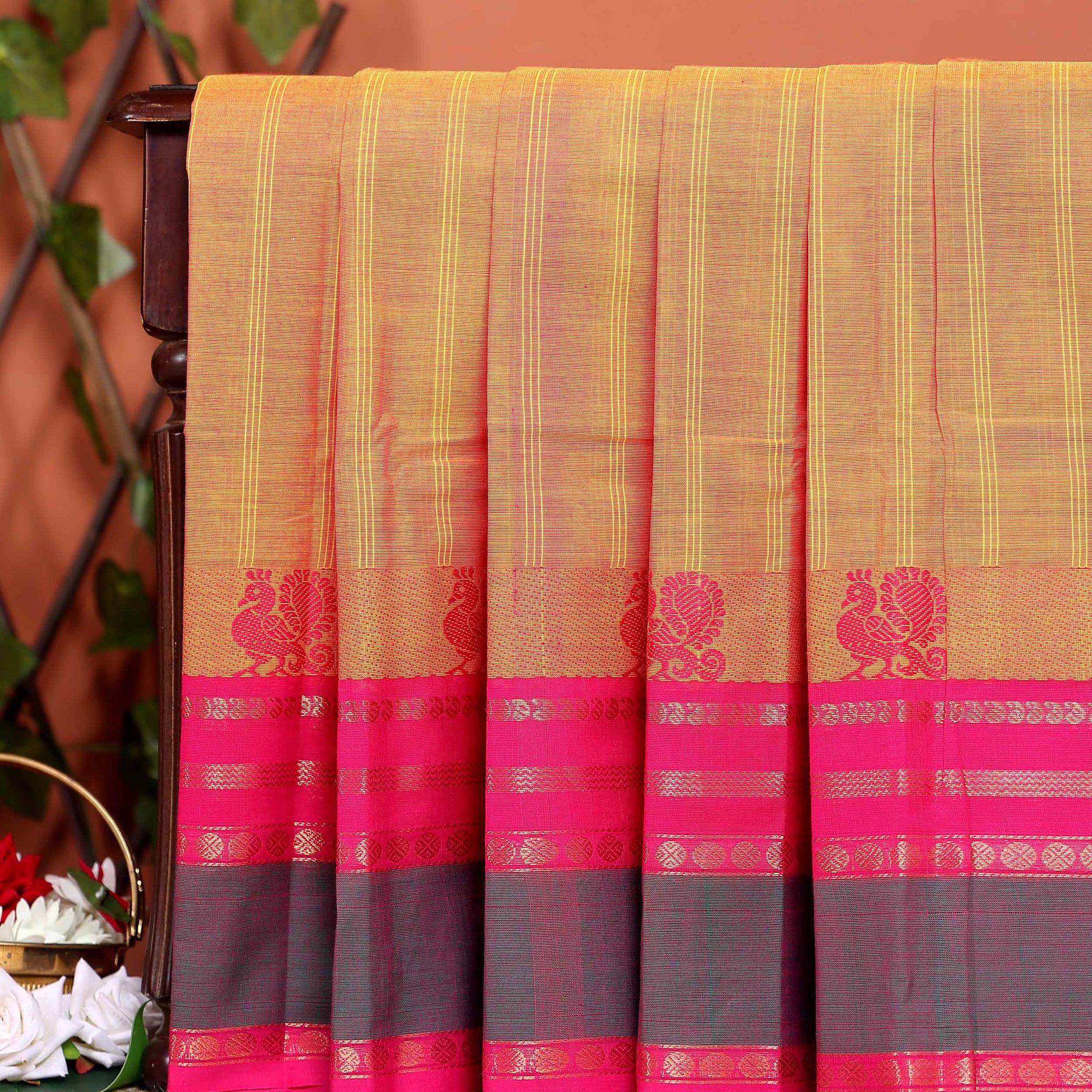 Traditional Handwoven Chettinad Cotton Saree with Traditional Zari Border - Sandal