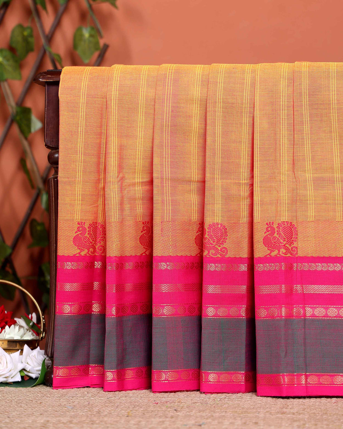 Traditional Handwoven Chettinad Cotton Saree with Traditional Zari Border - Sandal