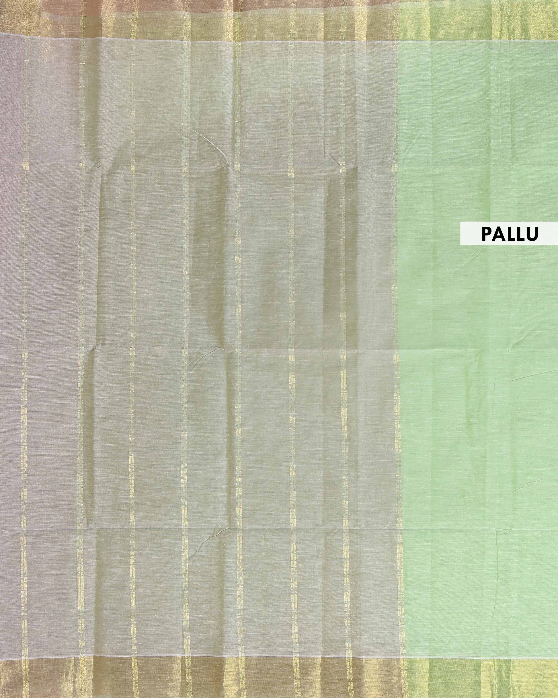 Traditional Handwoven Kovai Cotton Saree with Striped Pattern and Gold Zari Border - Green