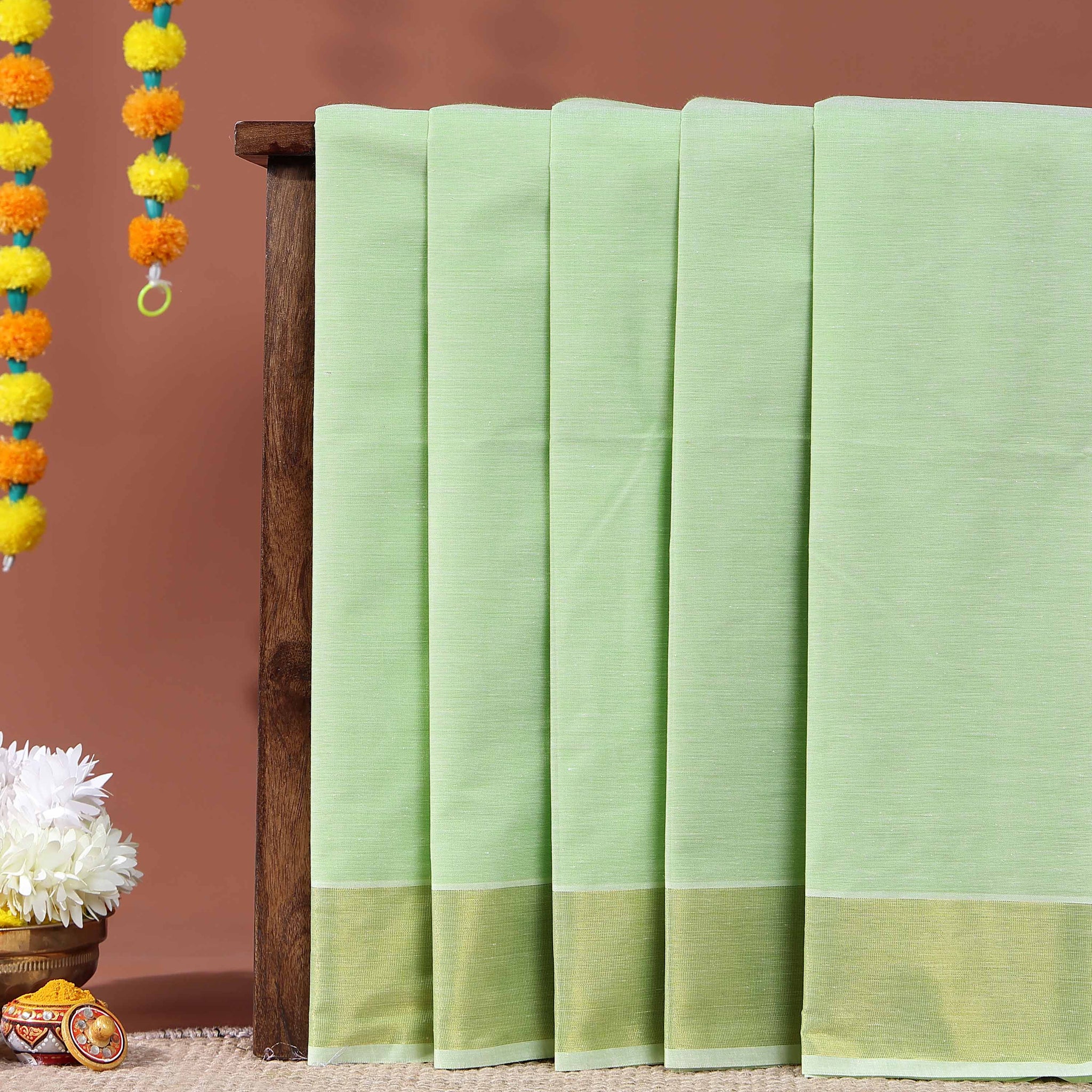 Traditional Handwoven Kovai Cotton Saree with Striped Pattern and Gold Zari Border - Green