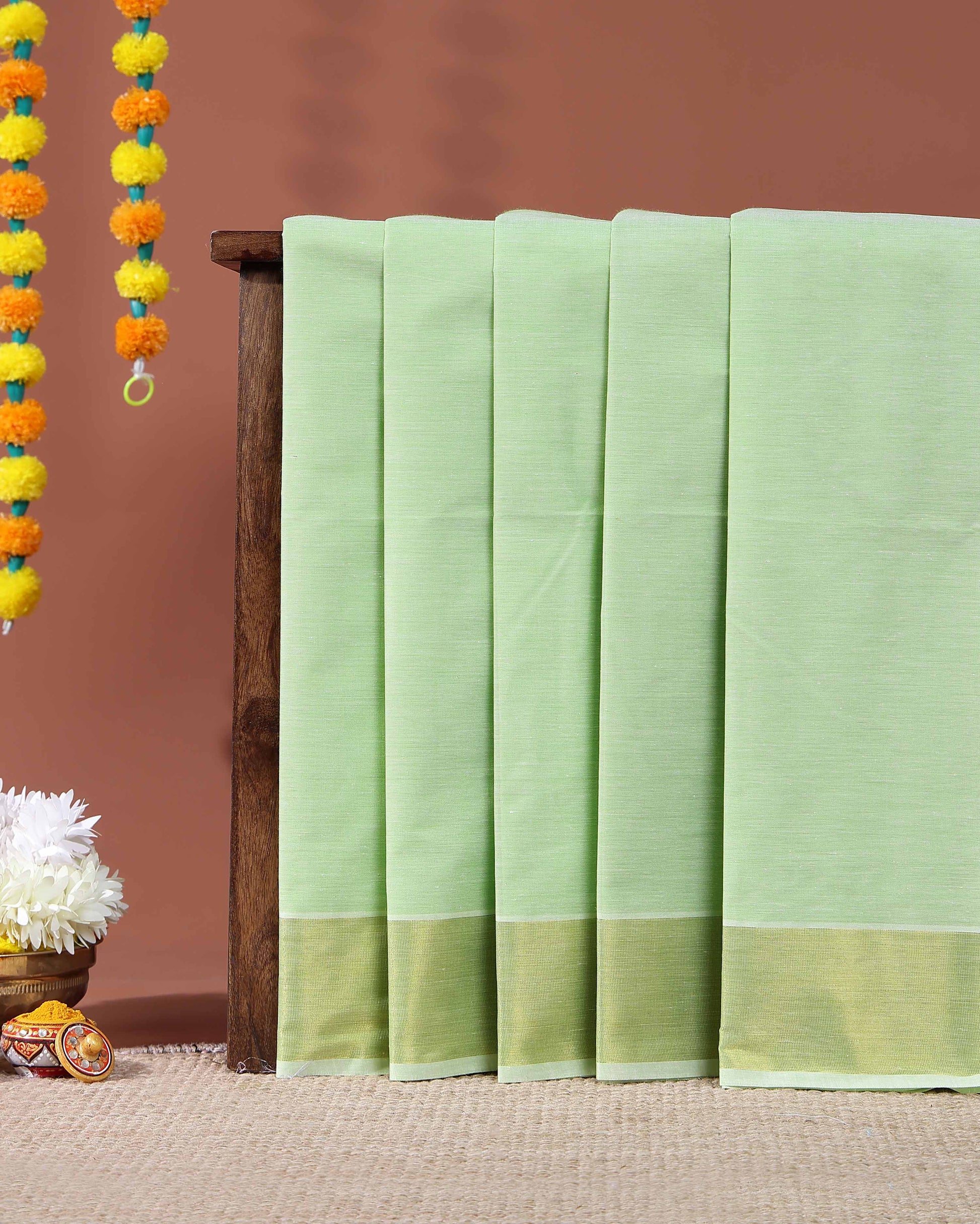 Traditional Handwoven Kovai Cotton Saree with Striped Pattern and Gold Zari Border - Green