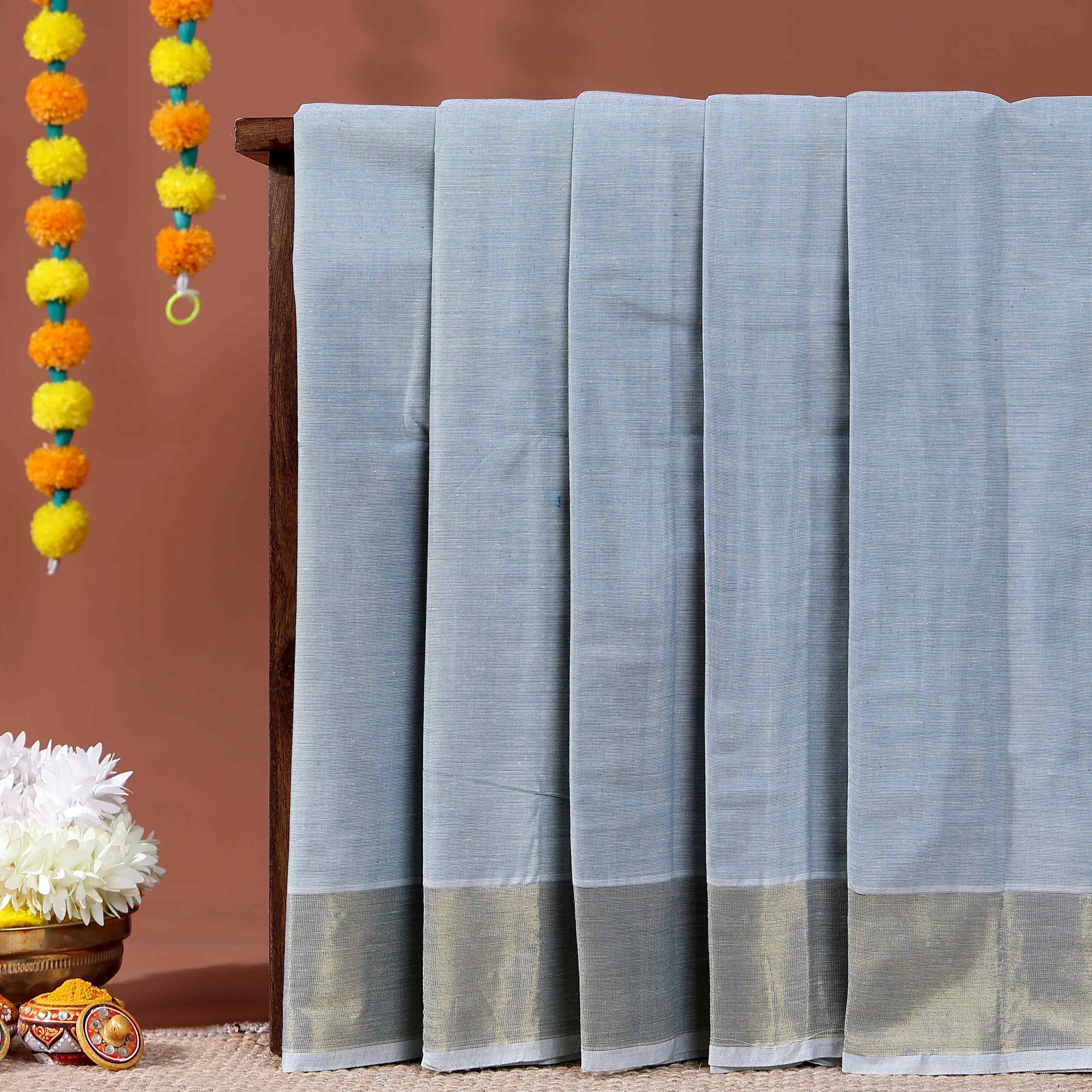 Traditional Handwoven Kovai Cotton Saree with Striped Pattern and Gold Zari Border - Light Grey