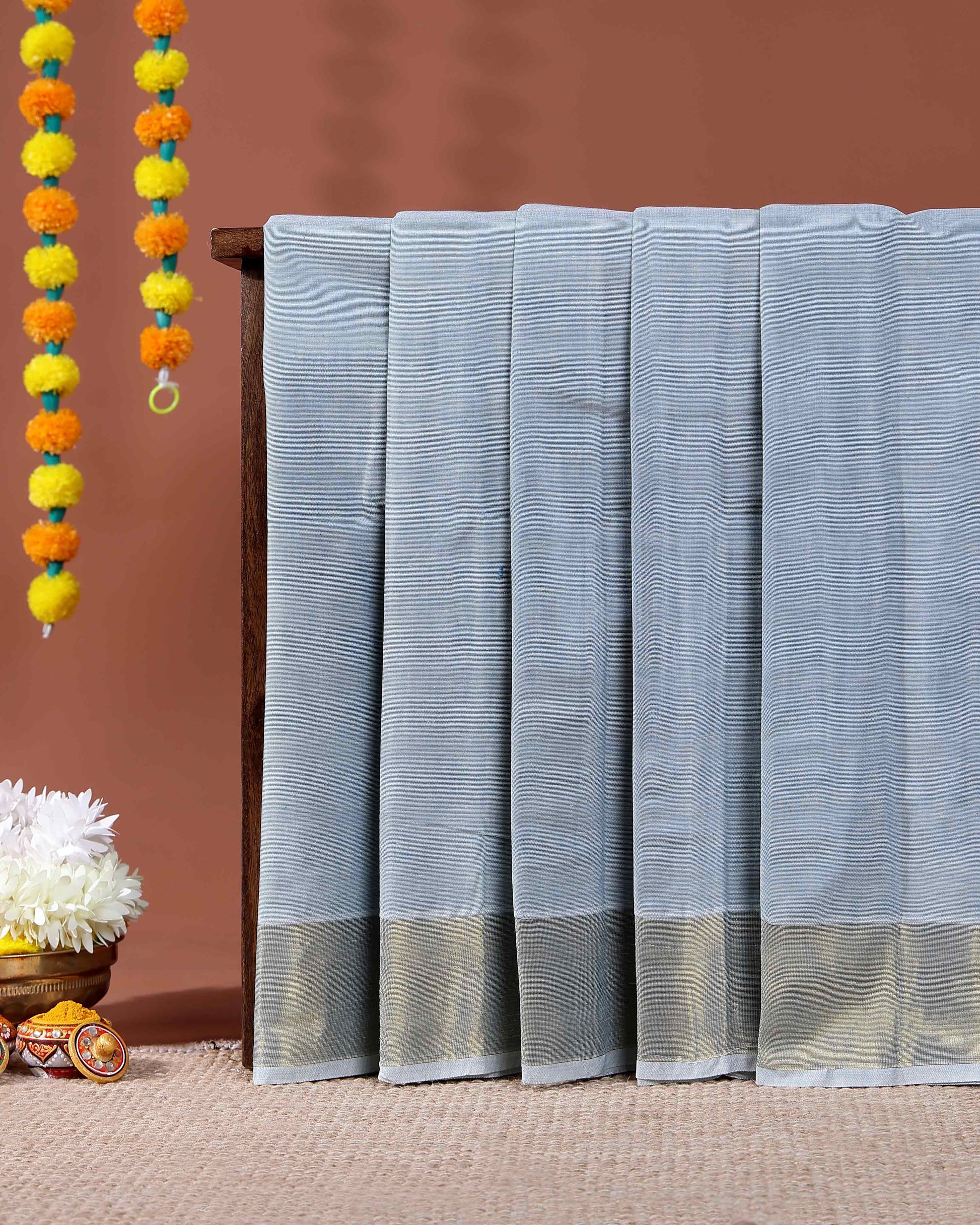 Traditional Handwoven Kovai Cotton Saree with Striped Pattern and Gold Zari Border - Light Grey