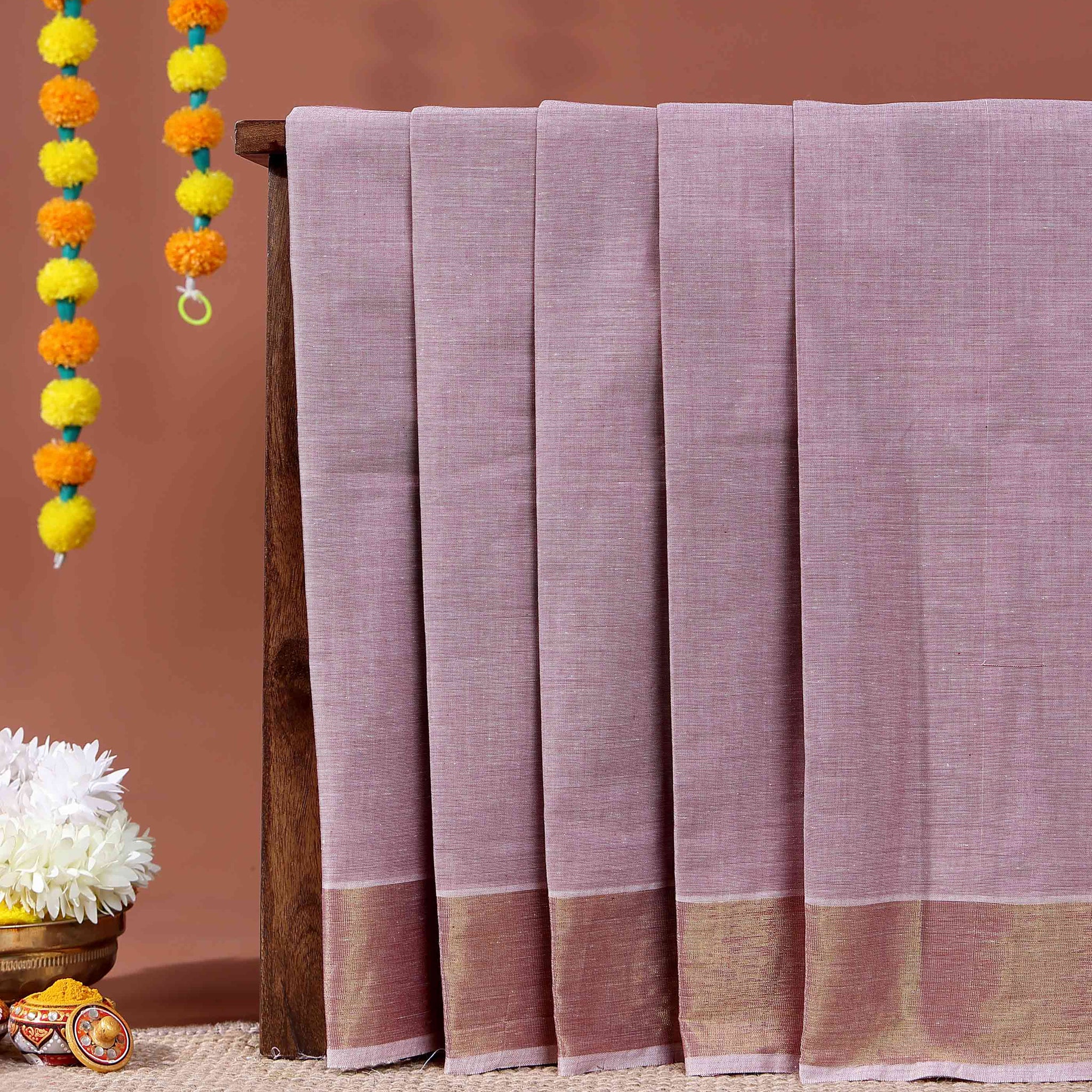 Traditional Handwoven Kovai Cotton Saree with Striped Pattern and Gold Zari Border - Onion Pink
