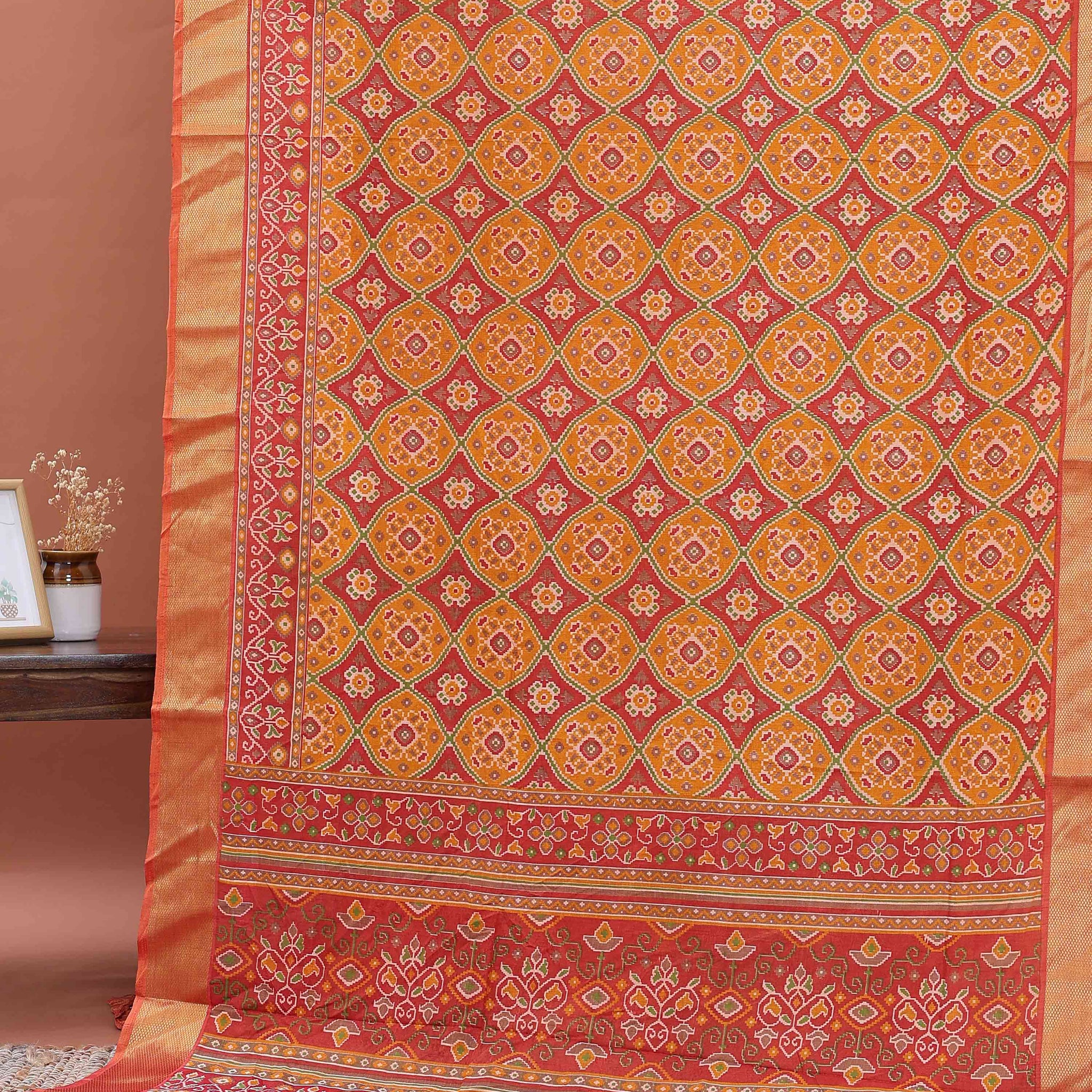 Traditional Handwoven Patola Semi Silk Saree with Intricate Geometric Motifs - Mustard