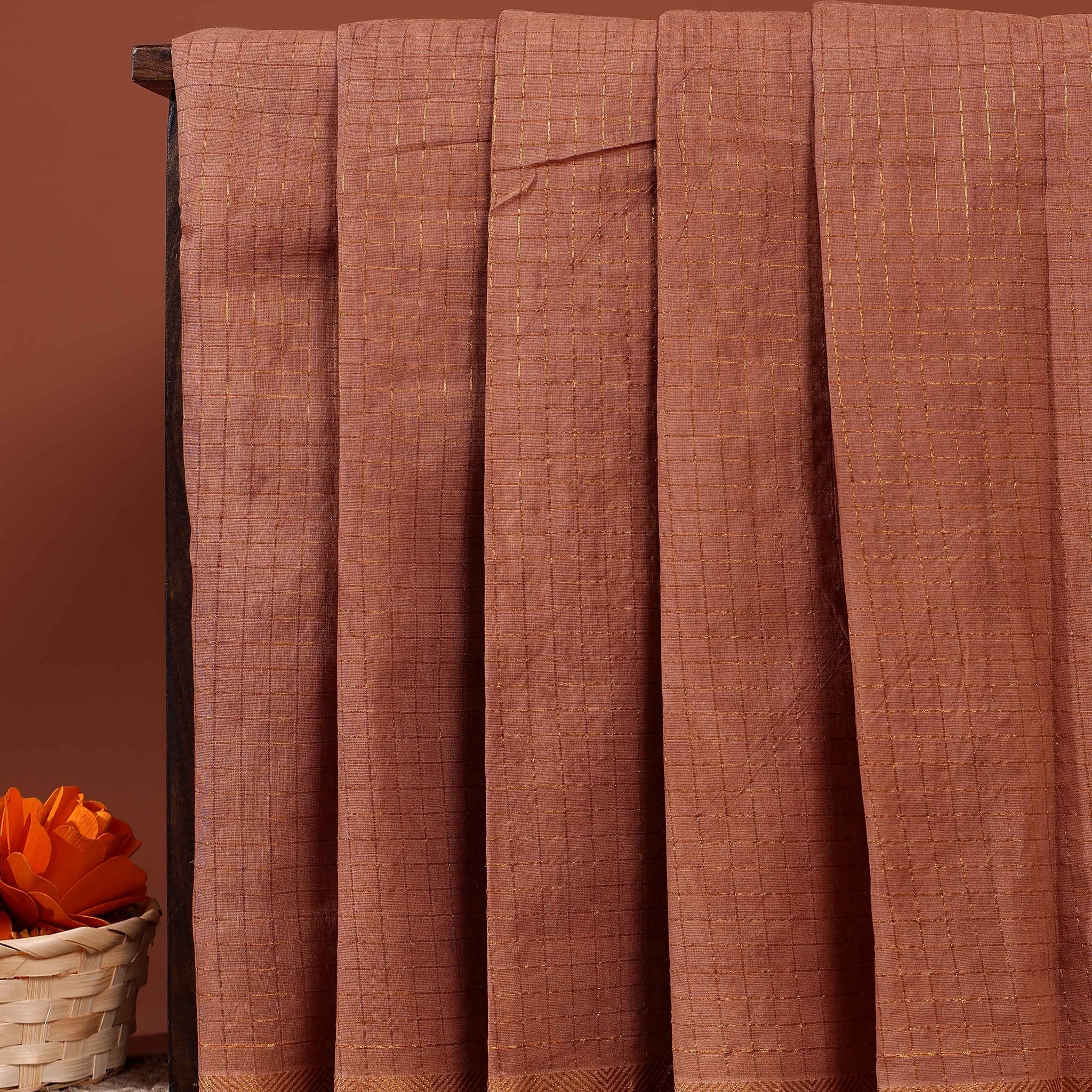 Traditional Handwoven Sungudi Cotton Saree with Zari Checks and Intricate Border - Brown