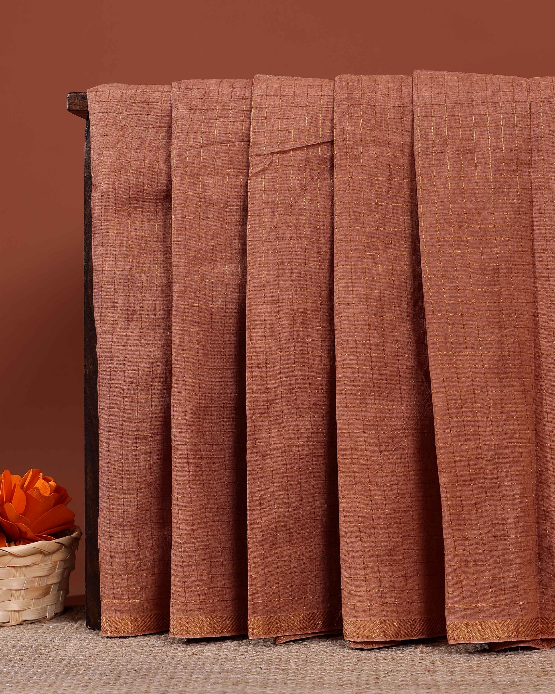 Traditional Handwoven Sungudi Cotton Saree with Zari Checks and Intricate Border - Brown