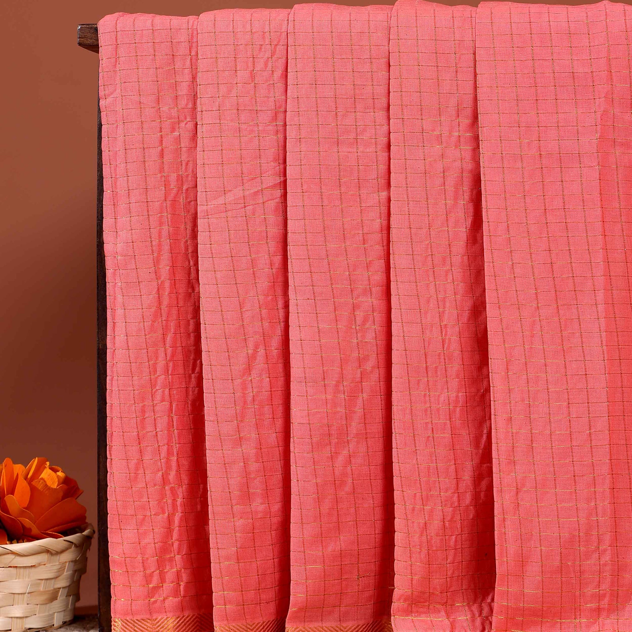 Traditional Handwoven Sungudi Cotton Saree with Zari Checks and Intricate Border - Peach